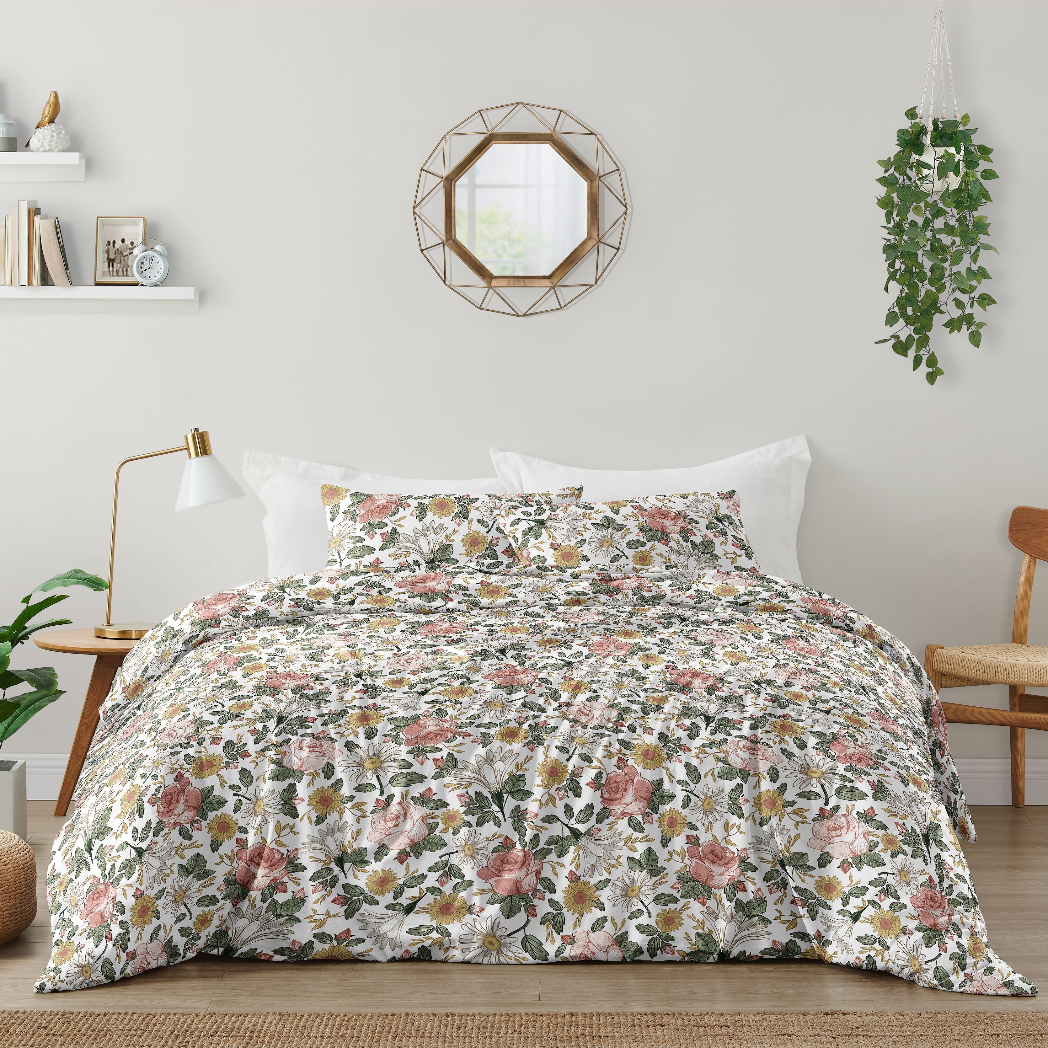 Sweet Jojo Designs Vintage Floral Boho Girl 3Pc Full Queen Comforter Set Blush Pink Yellow Green White Shabby Chic Farmhouse