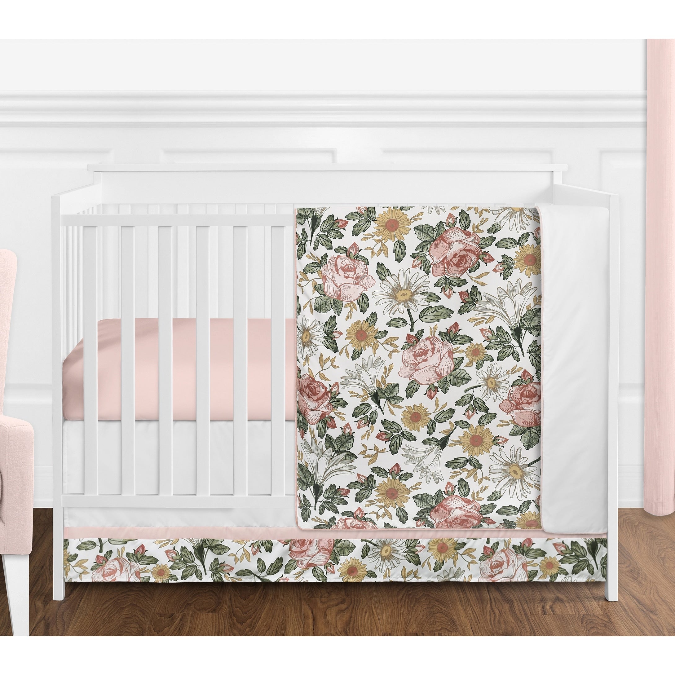 Sweet Jojo Designs Vintage Floral Boho Girl 4Pc Nursery Crib Bedding Set Blush Pink Yellow Green White Shabby Chic Farmhouse