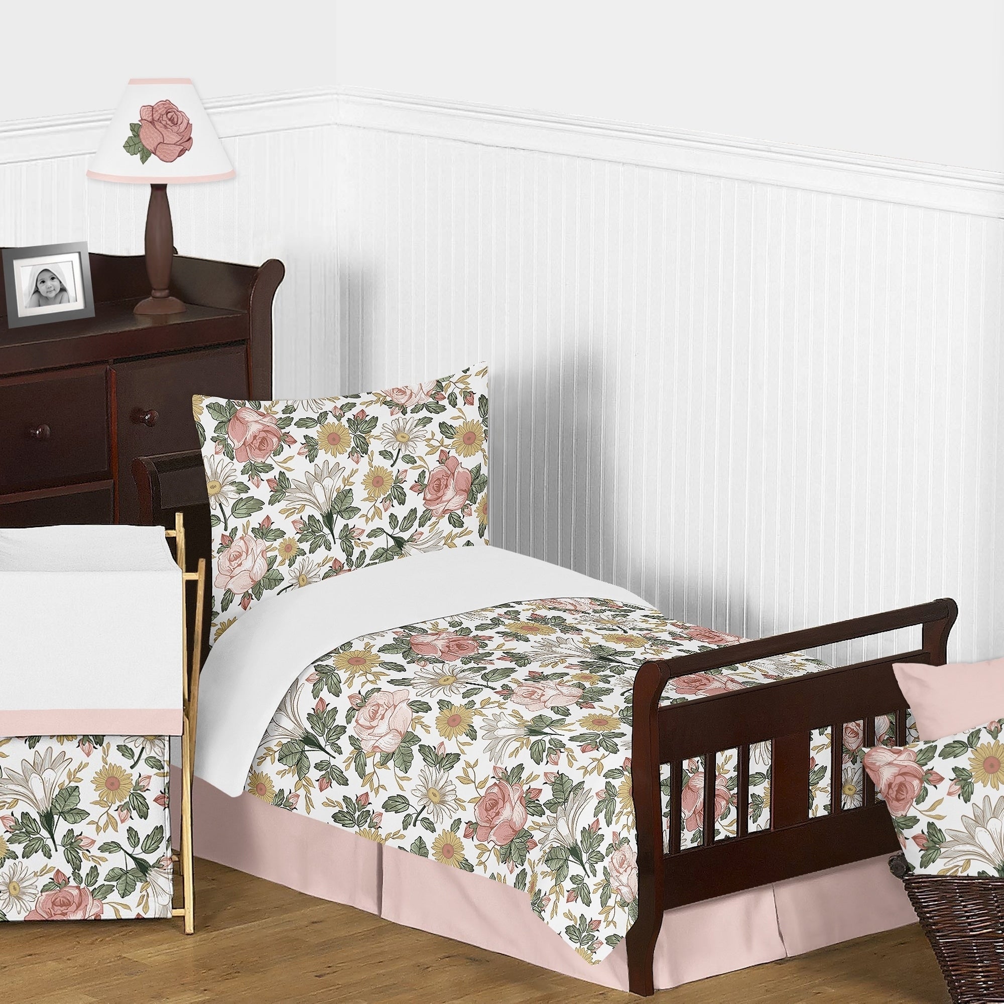 Sweet Jojo Designs Vintage Floral Boho Girl 5Pc Toddler Comforter Set Blush Pink Yellow Green White Shabby Chic Rose Farmhouse