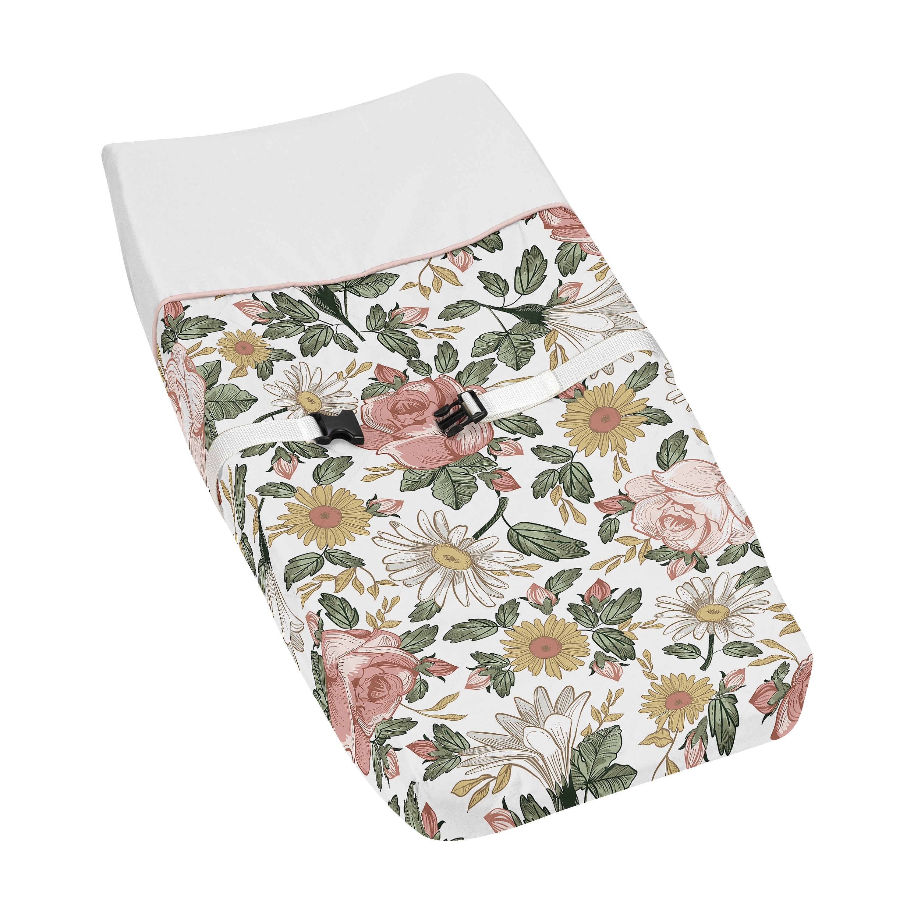 Sweet Jojo Designs Vintage Floral Boho Girl Changing Pad Cover Blush Pink Yellow Green White Shabby Chic Rose Flower Farmhouse