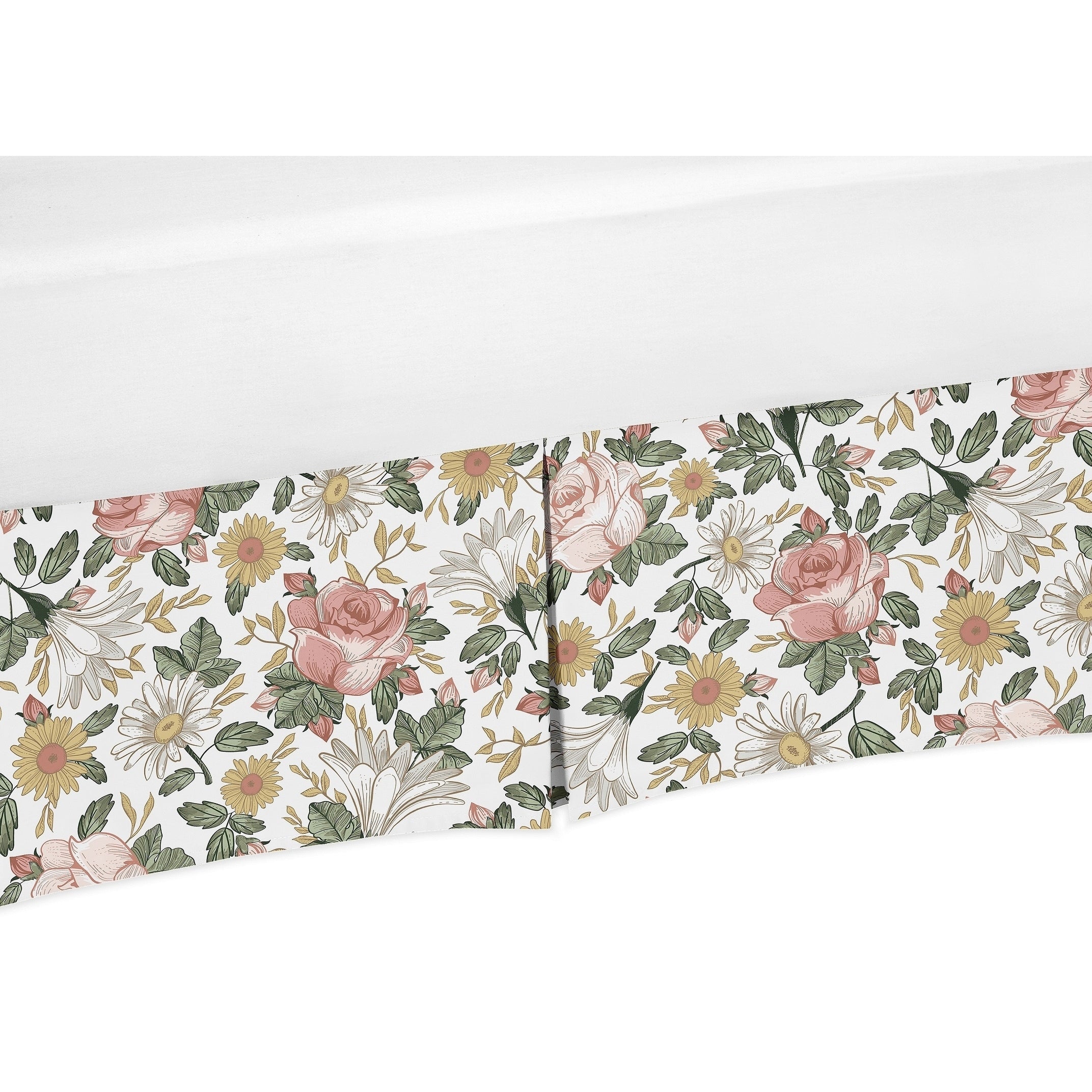 Sweet Jojo Designs Vintage Floral Boho Girl Crib Bed Skirt Blush Pink Yellow Green And White Shabby Chic Rose Flower Farmhouse