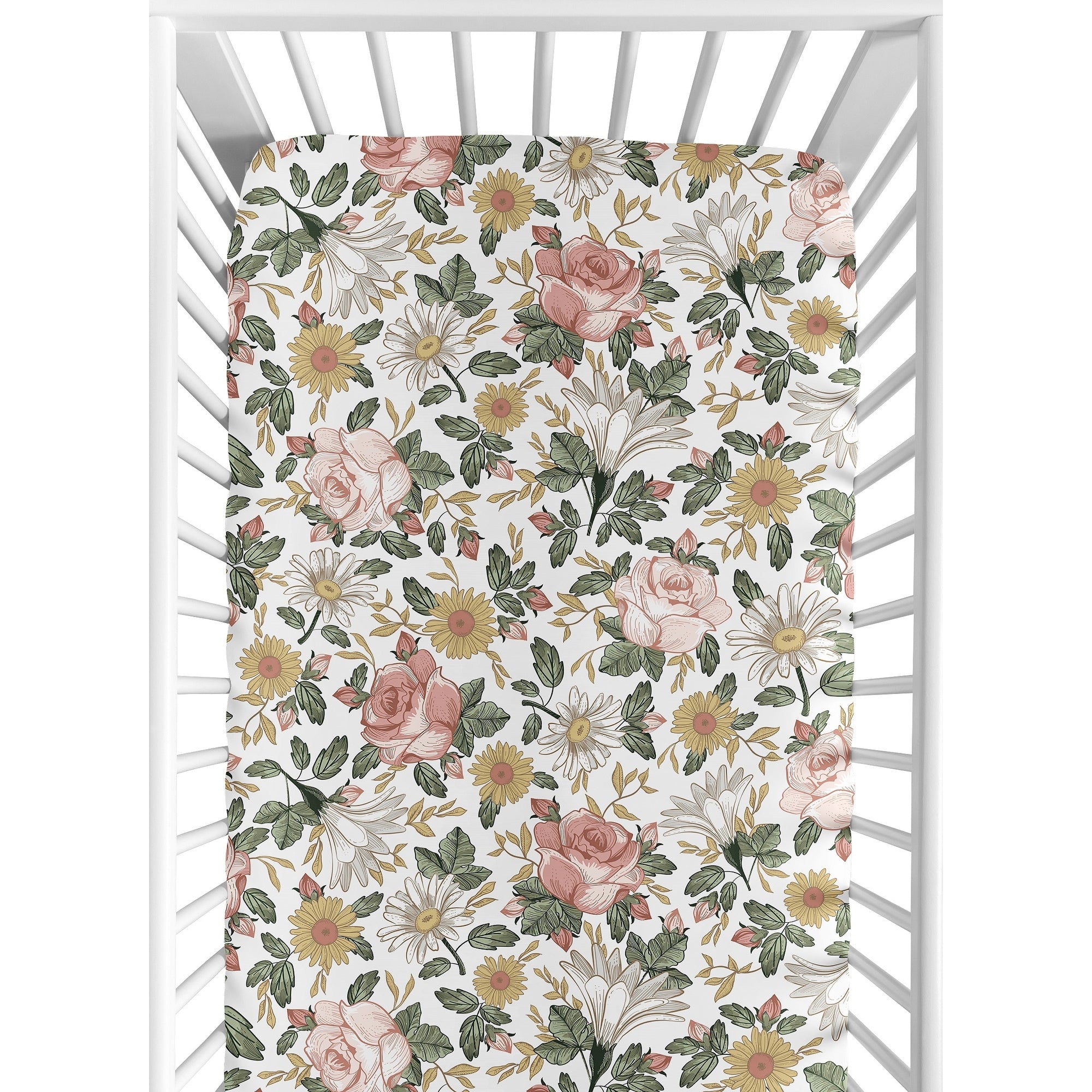 Sweet Jojo Designs Vintage Floral Boho Girl Fitted Crib Sheet Blush Pink Yellow Green White Shabby Chic Rose Flower Farmhouse