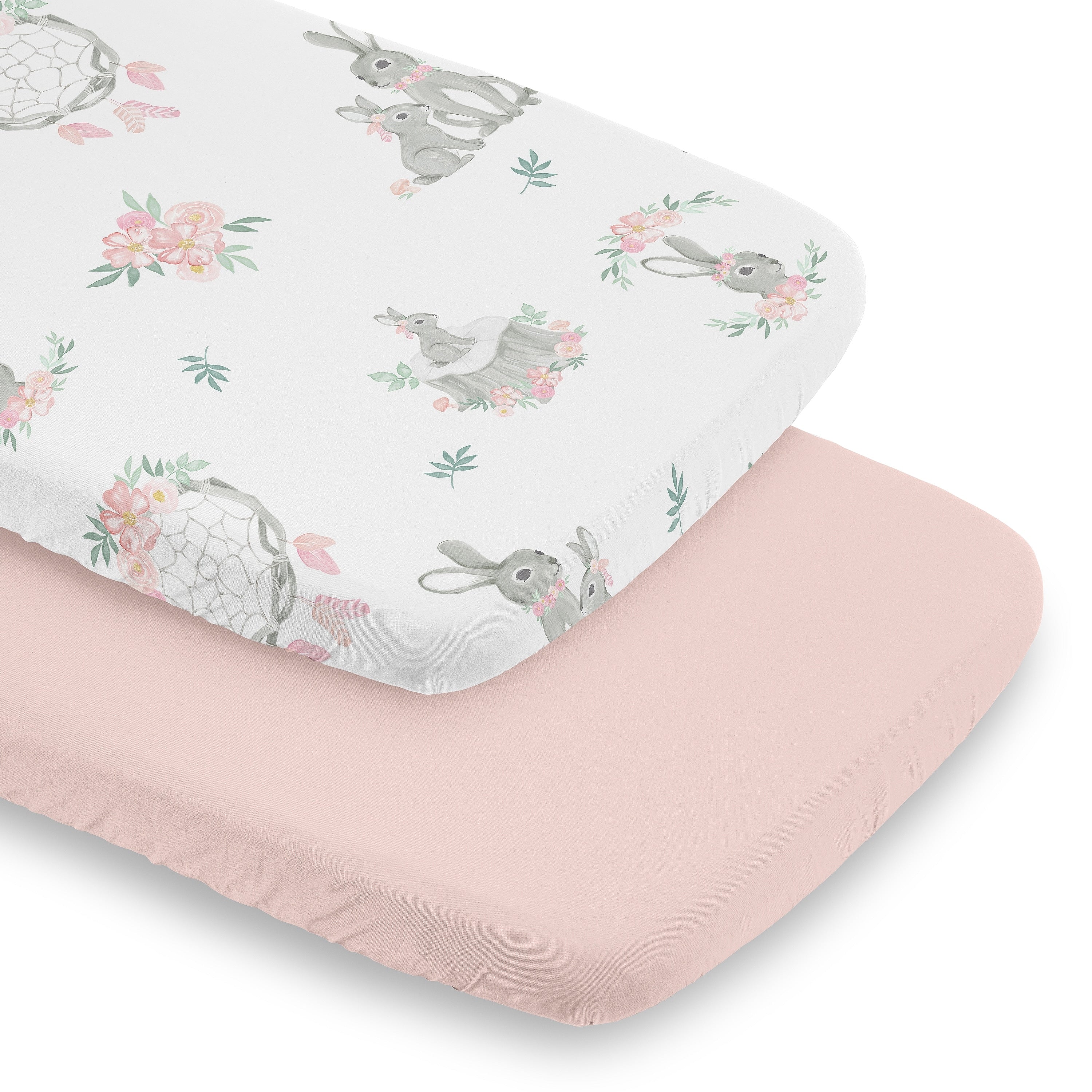 Sweet Jojo Designs Woodland Bunny Floral Girl 2 Pack Baby Bassinet Fitted Sheets Solid Pink Shabby Chic Boho Rose Flower