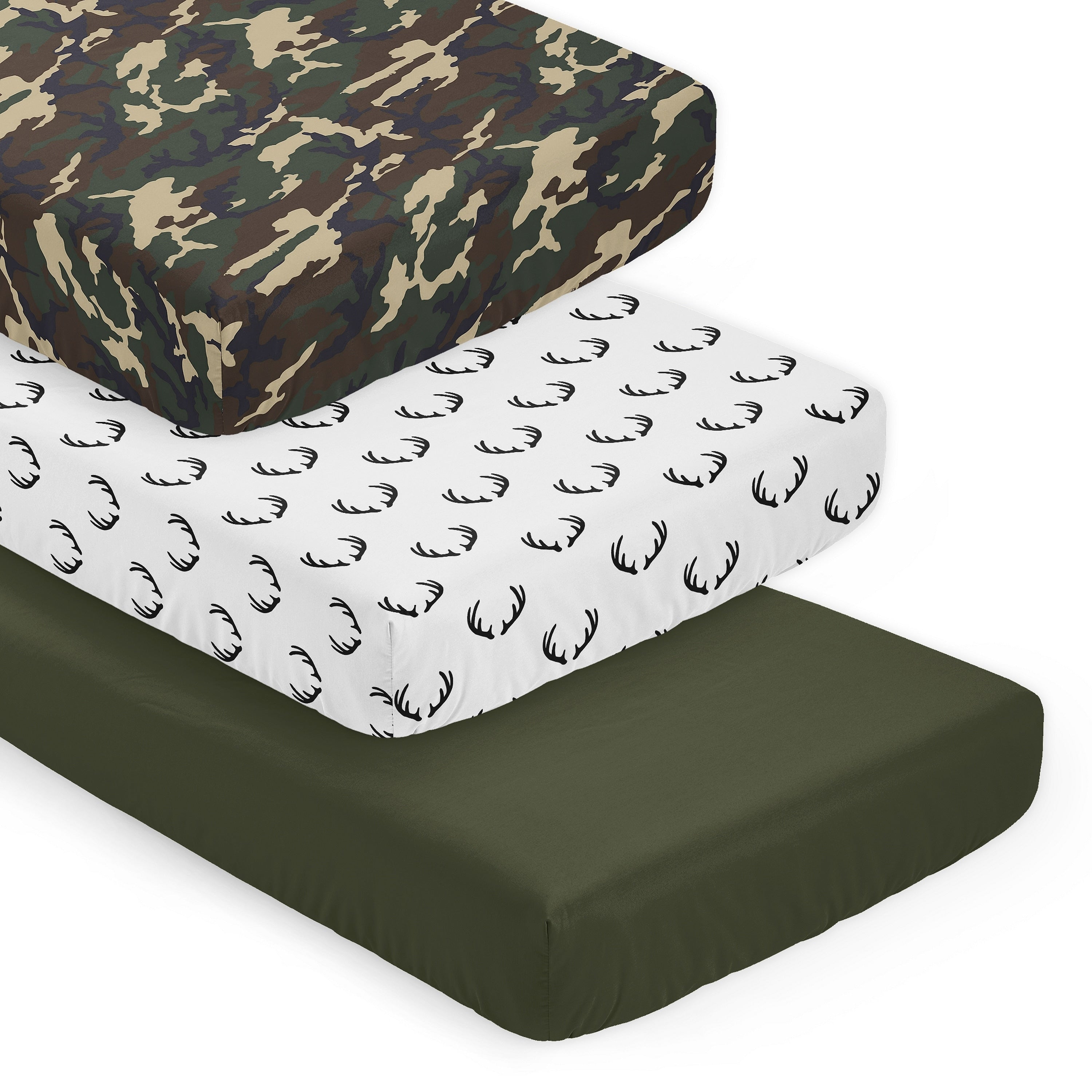 Sweet Jojo Designs Woodland Camo Deer Boy 3 Pack Fitted Crib Sheets Solid Forest Green Army Camouflage White Black Antler