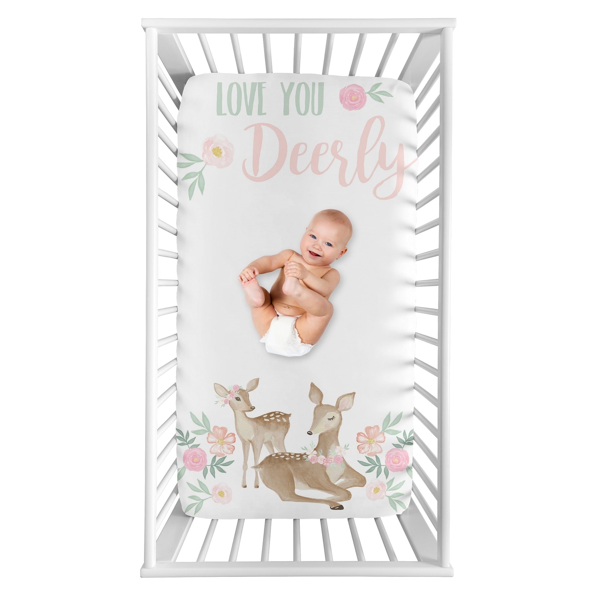 Sweet Jojo Designs Woodland Deer Floral Girl Photo Op Fitted Crib Sheet Blush Pink Mint Green Boho Watercolor Love You Deerly