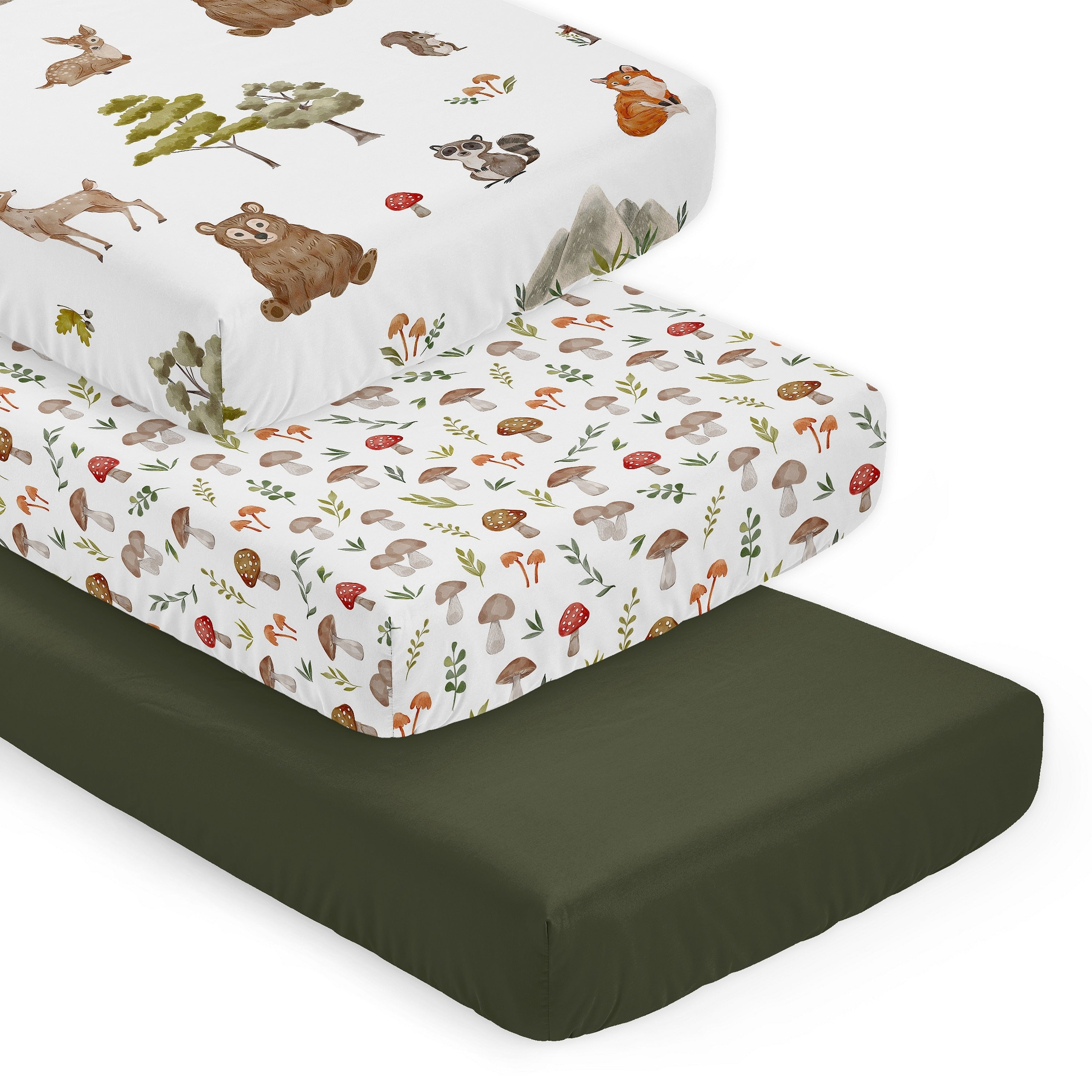 Sweet Jojo Designs Woodland Forest Animals Boy Girl Unisex Gender Neutral 3 Pack Fitted Crib Sheets Solid Green Mushrooms