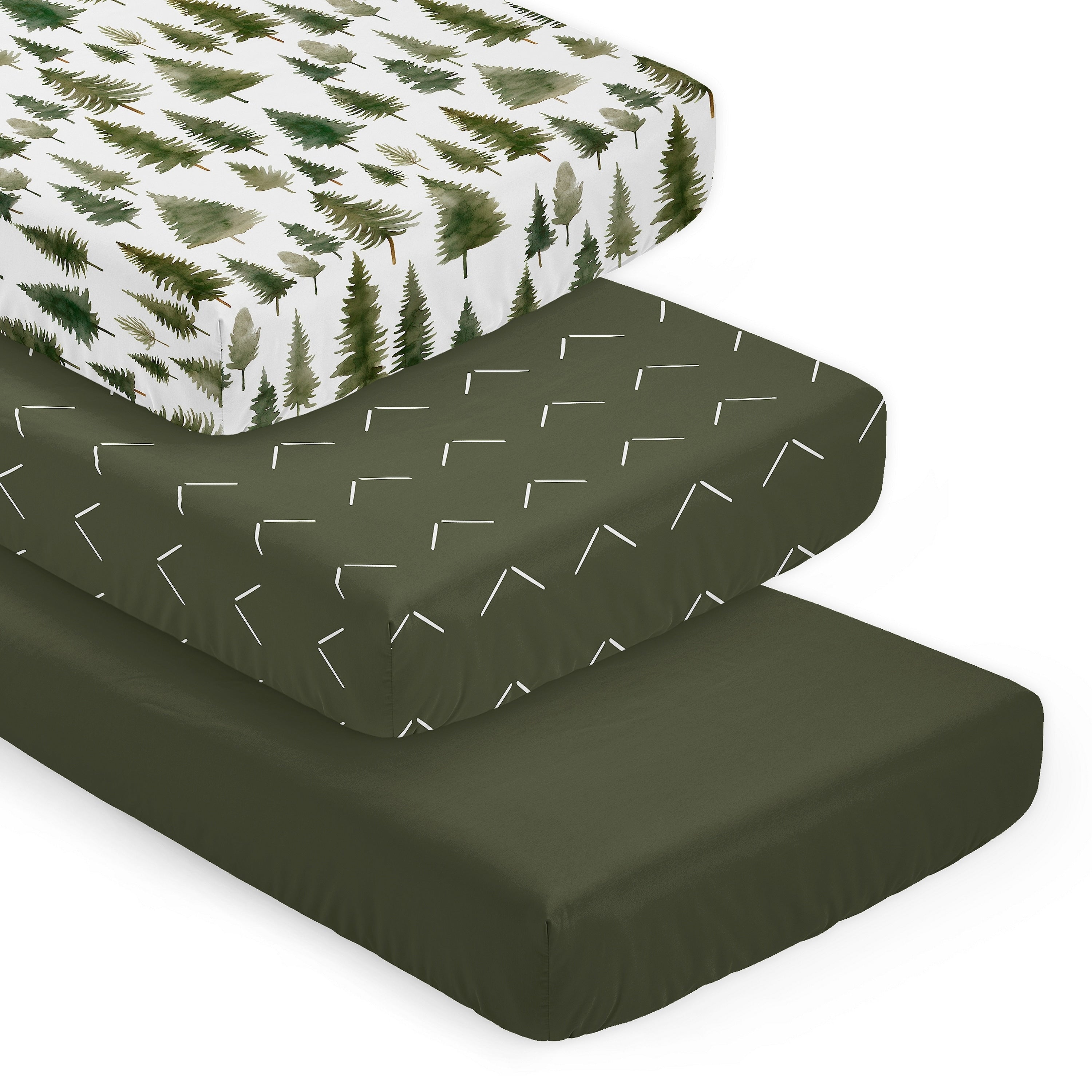 Sweet Jojo Designs Woodland Pinetrees Boy Girl Unisex 3 Pack Fitted Crib Sheets Green White Arrow Solid Hunter Forest Theme