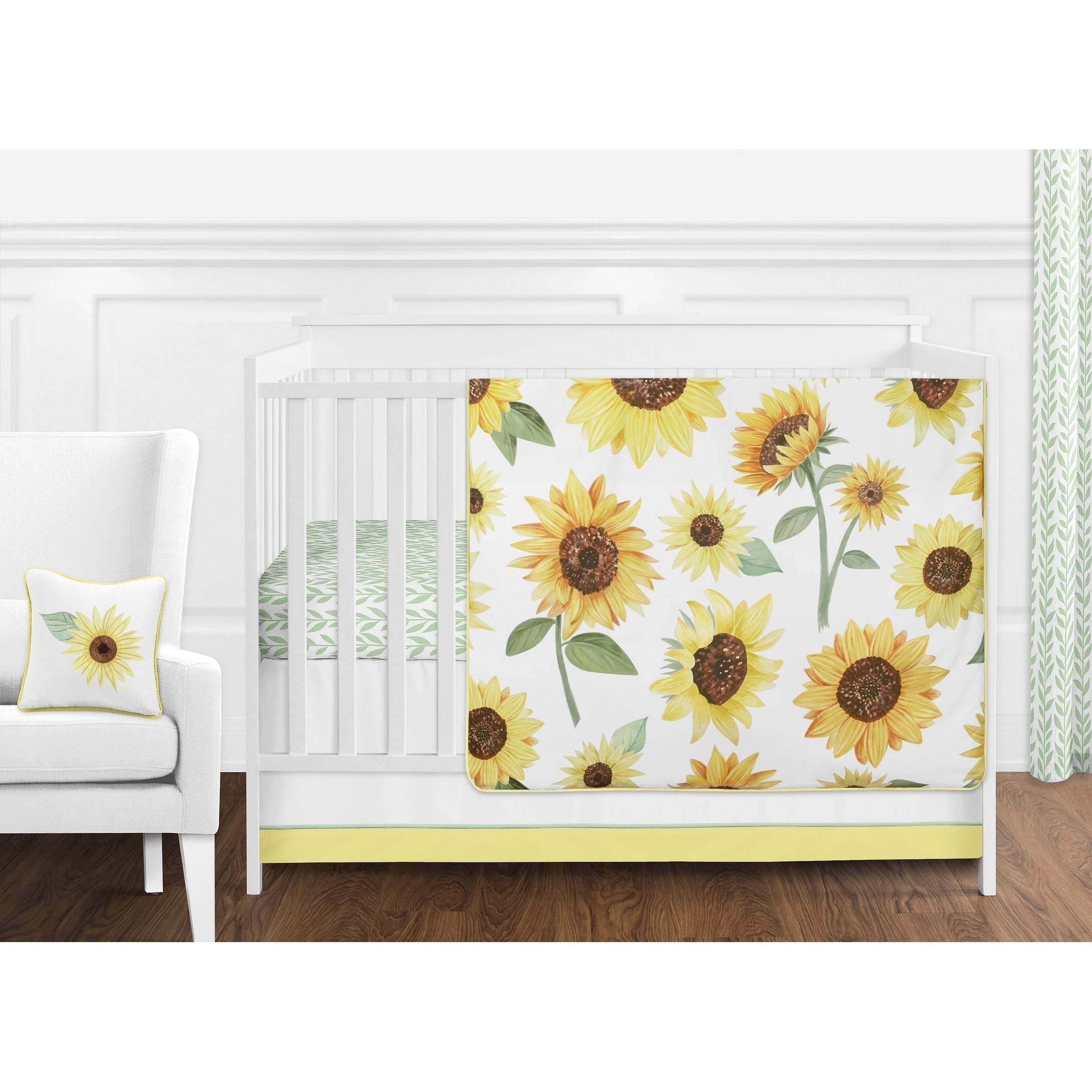 Sweet Jojo Designs Yellow Green White Boho Floral Sunflower 11 Pc Girl Nursery Crib Bedding Set Farmhouse Watercolor Flower