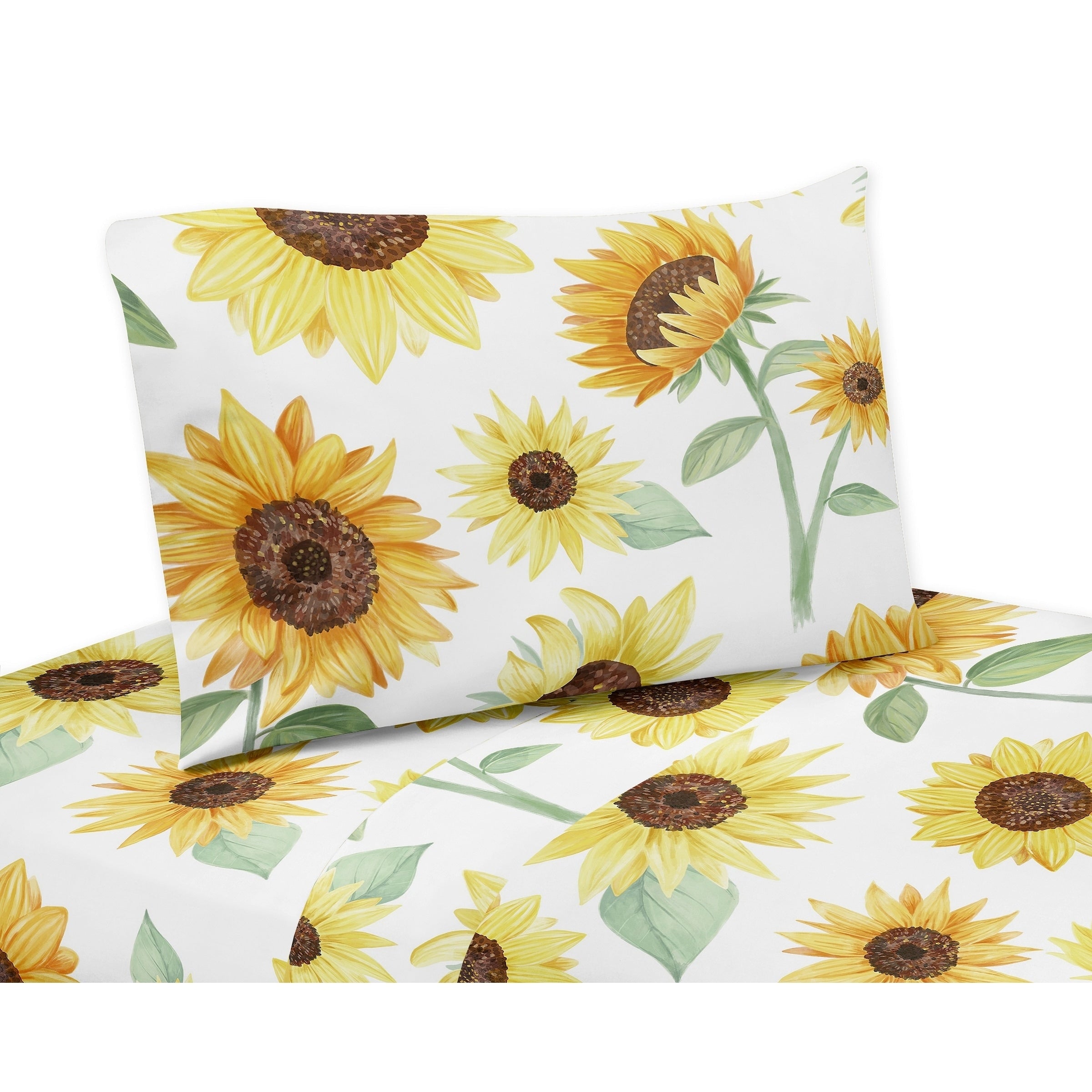 Sweet Jojo Designs Yellow Green And White Boho Floral Sunflower Collection 4 Piece Queen Sheet Set Farmhouse Watercolor Flower