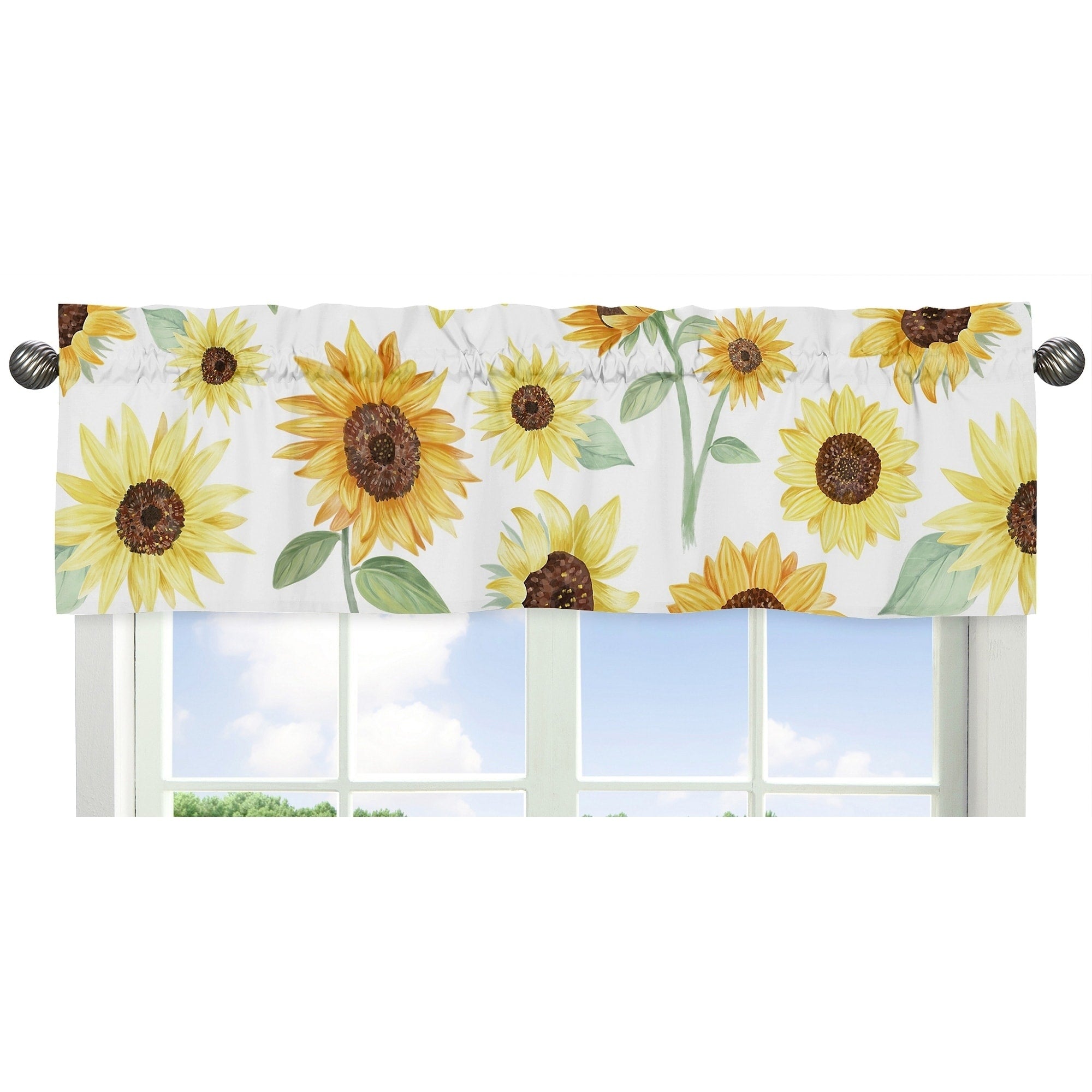 Sweet Jojo Designs Yellow Green And White Boho Floral Sunflower Collection Window Curtain Valance Farmhouse Watercolor Flower
