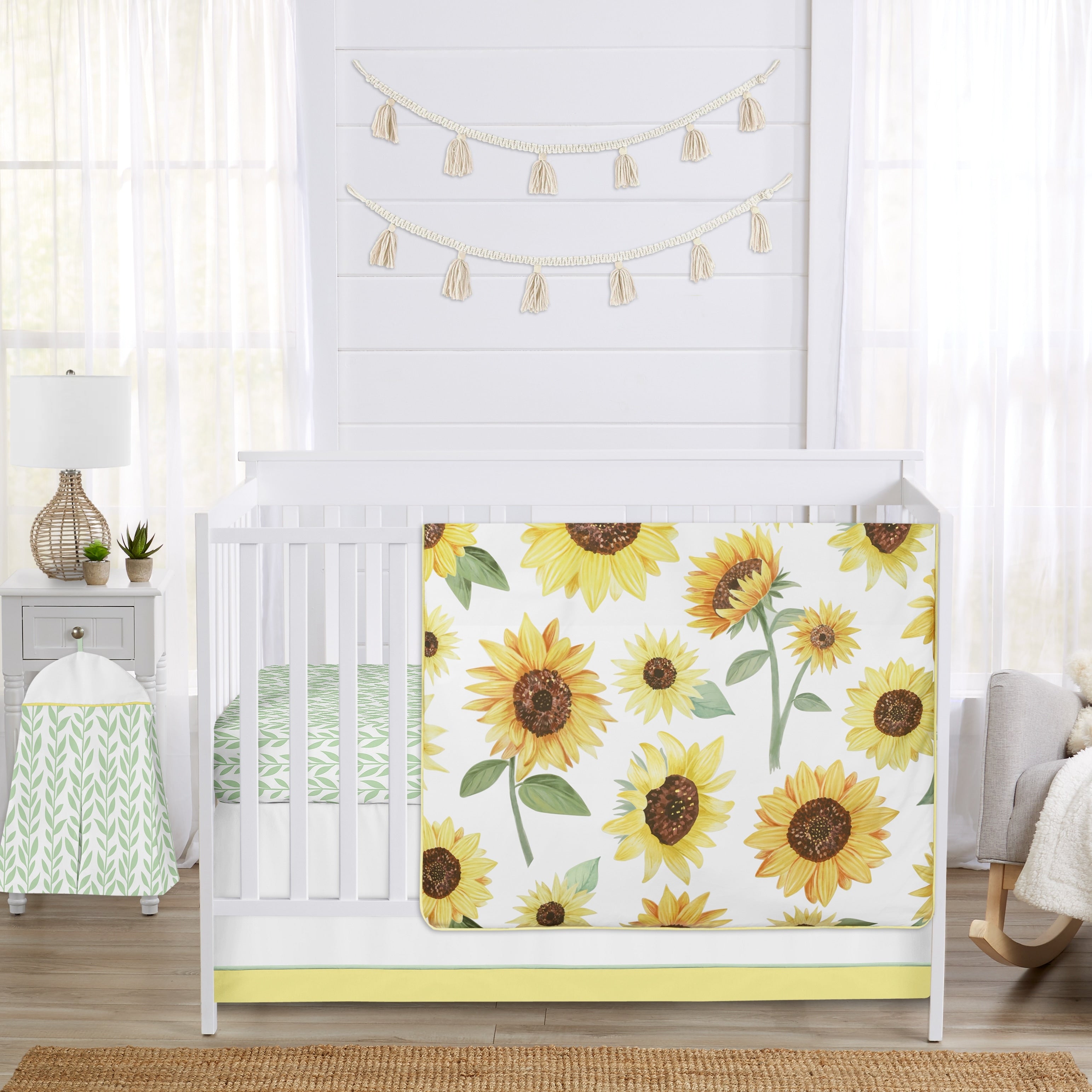 Sweet Jojo Designs Yellow Green And White Boho Floral Sunflower Girl 4 Pc Nursery Crib Bedding Set Farmhouse Watercolor Flower