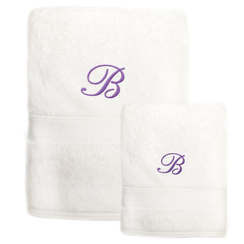 Sweet Kids 2 Piece White Turkish Cotton Bath And Hand Towel Set With Lavender Purple Monogrammed Initial