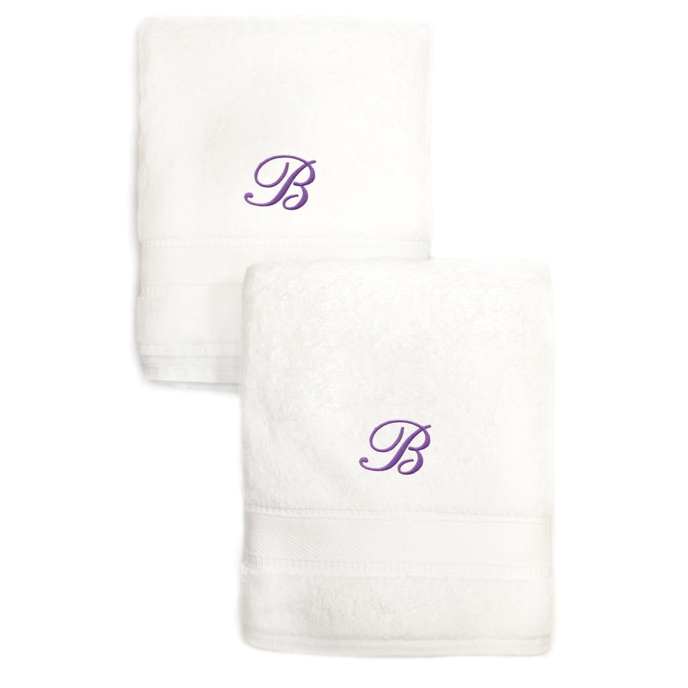 Sweet Kids 2 Piece White Turkish Cotton Hand Towels Personalized With Lavender Purple Monogrammed Initial
