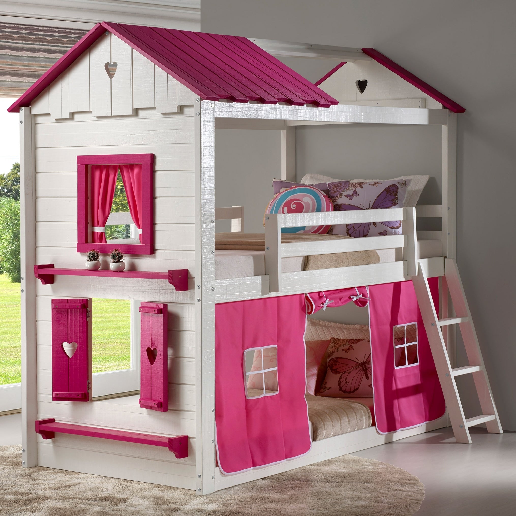 Twin Over Twin Sweetheart Bunk Bed In White And Pink With Pink Tent