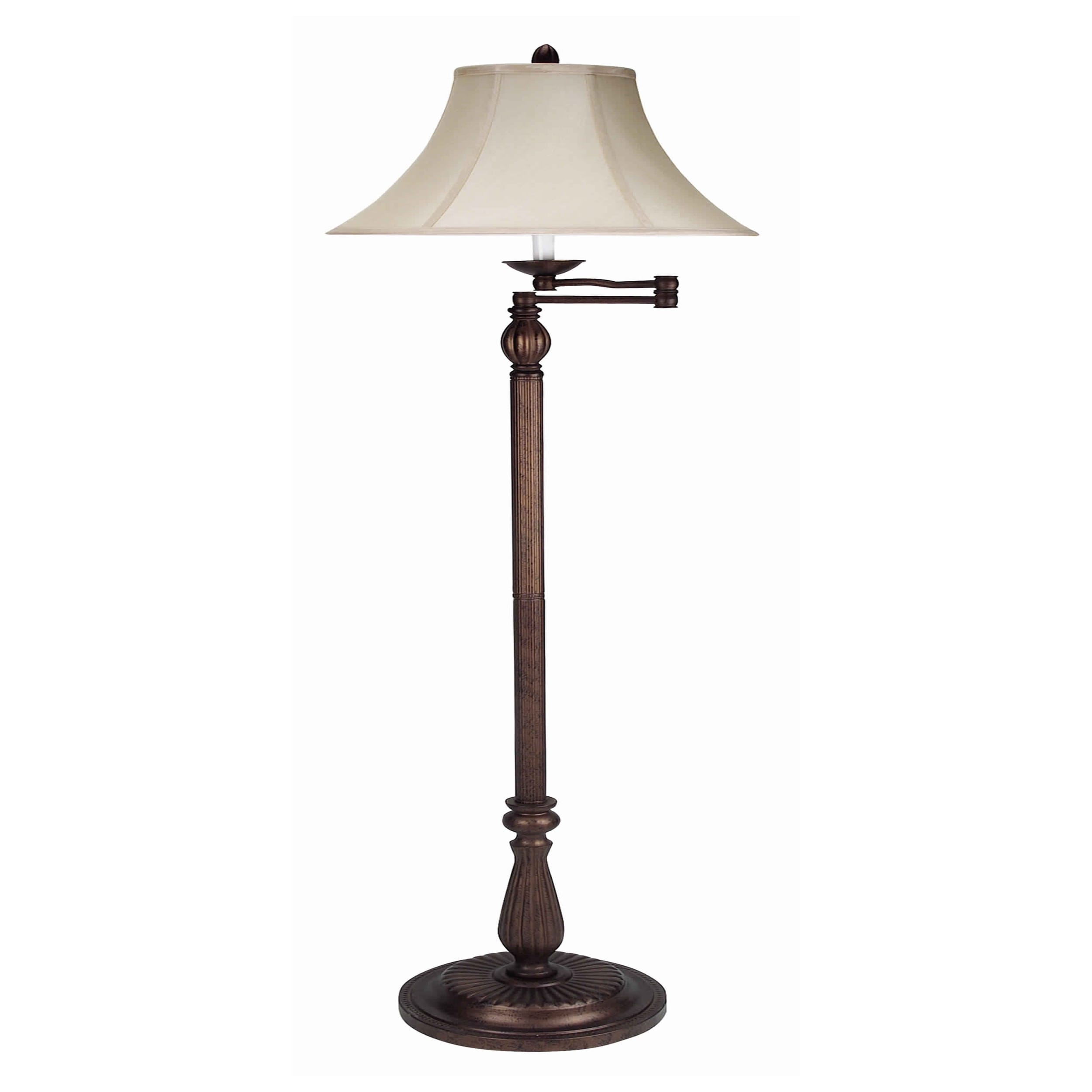 Swing Arm Metal Body Floor Lamp With Fabric Bell Shade Bronze And Beige
