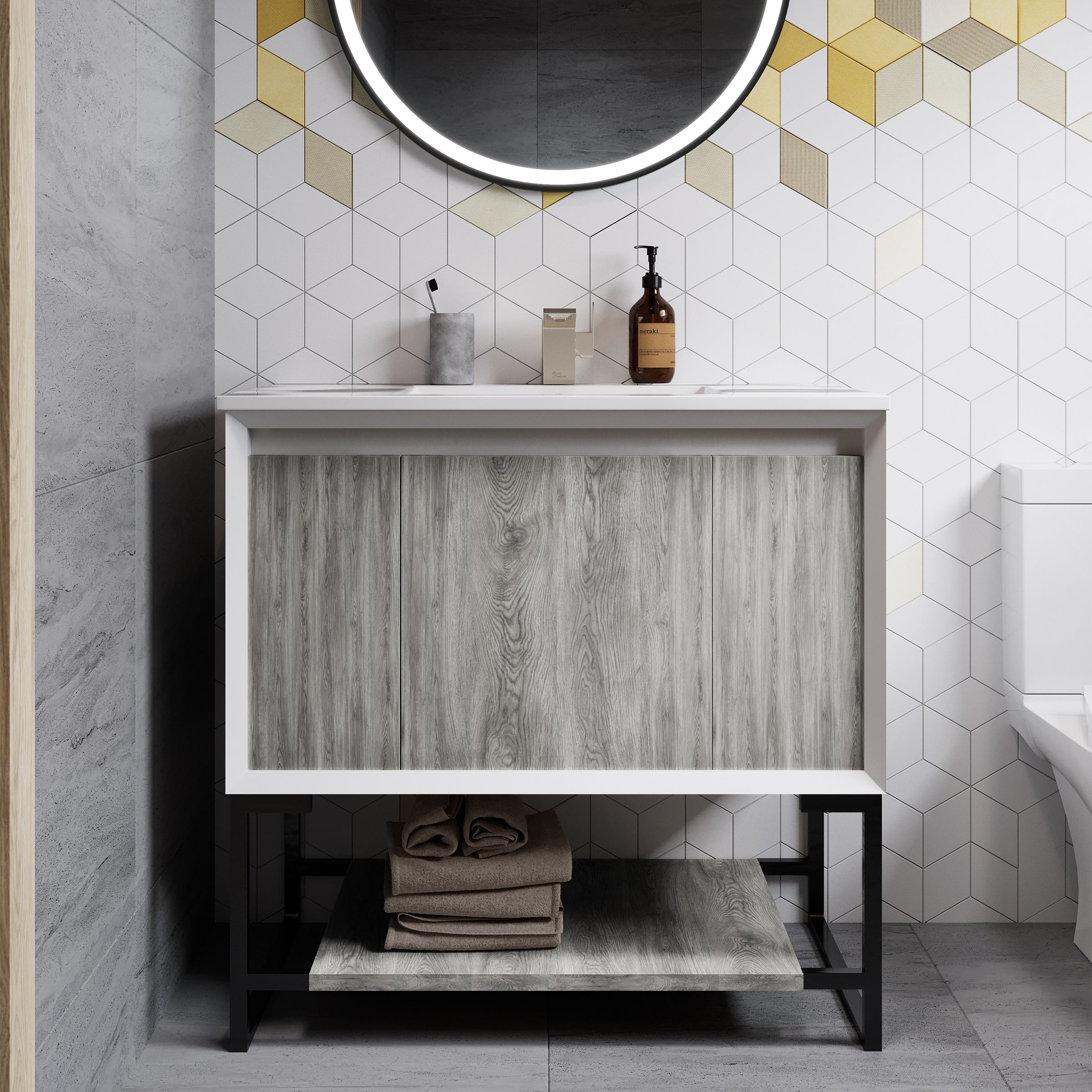 Swiss Madison Marseille 36 Single Two Doors One Drawer Open Shelf Bathroom Vanity