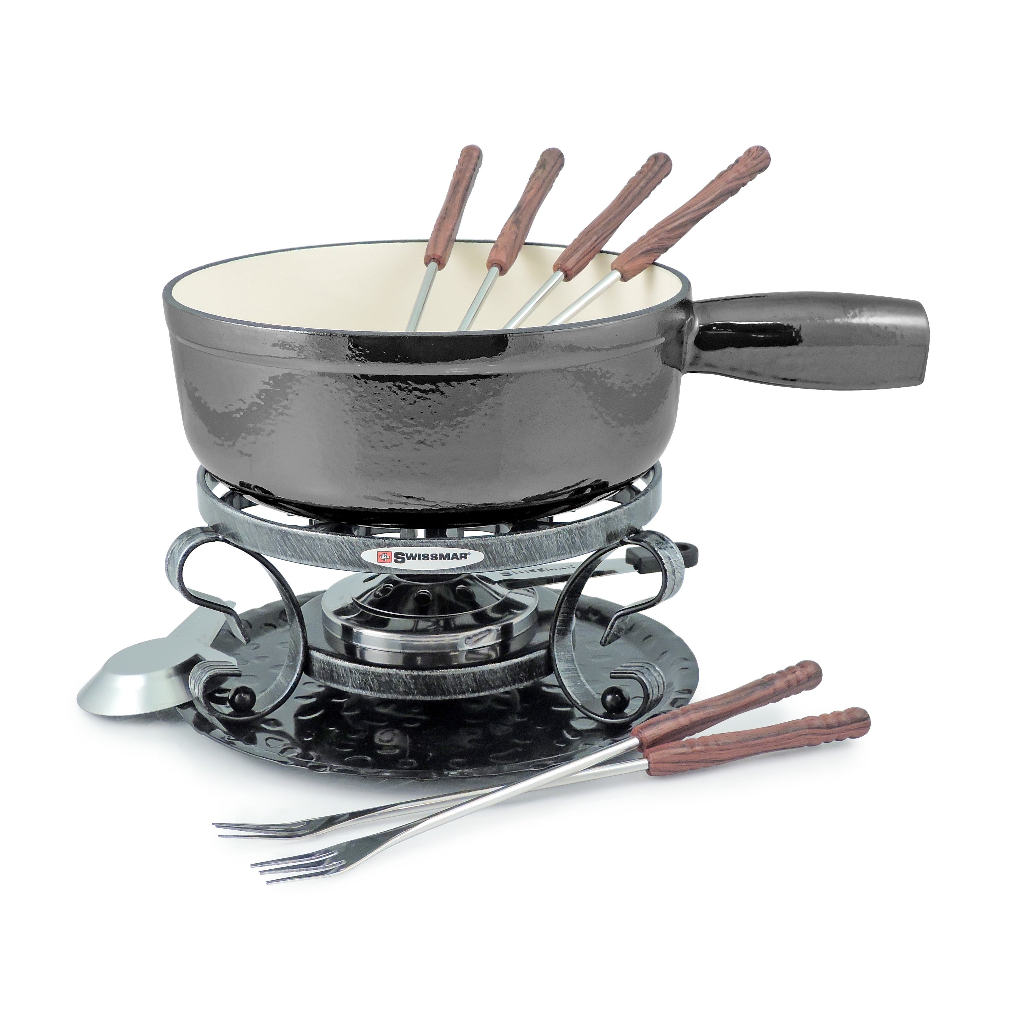 Swissmar Lugano Metallic Black Cast Iron Cheese Fondue Set.