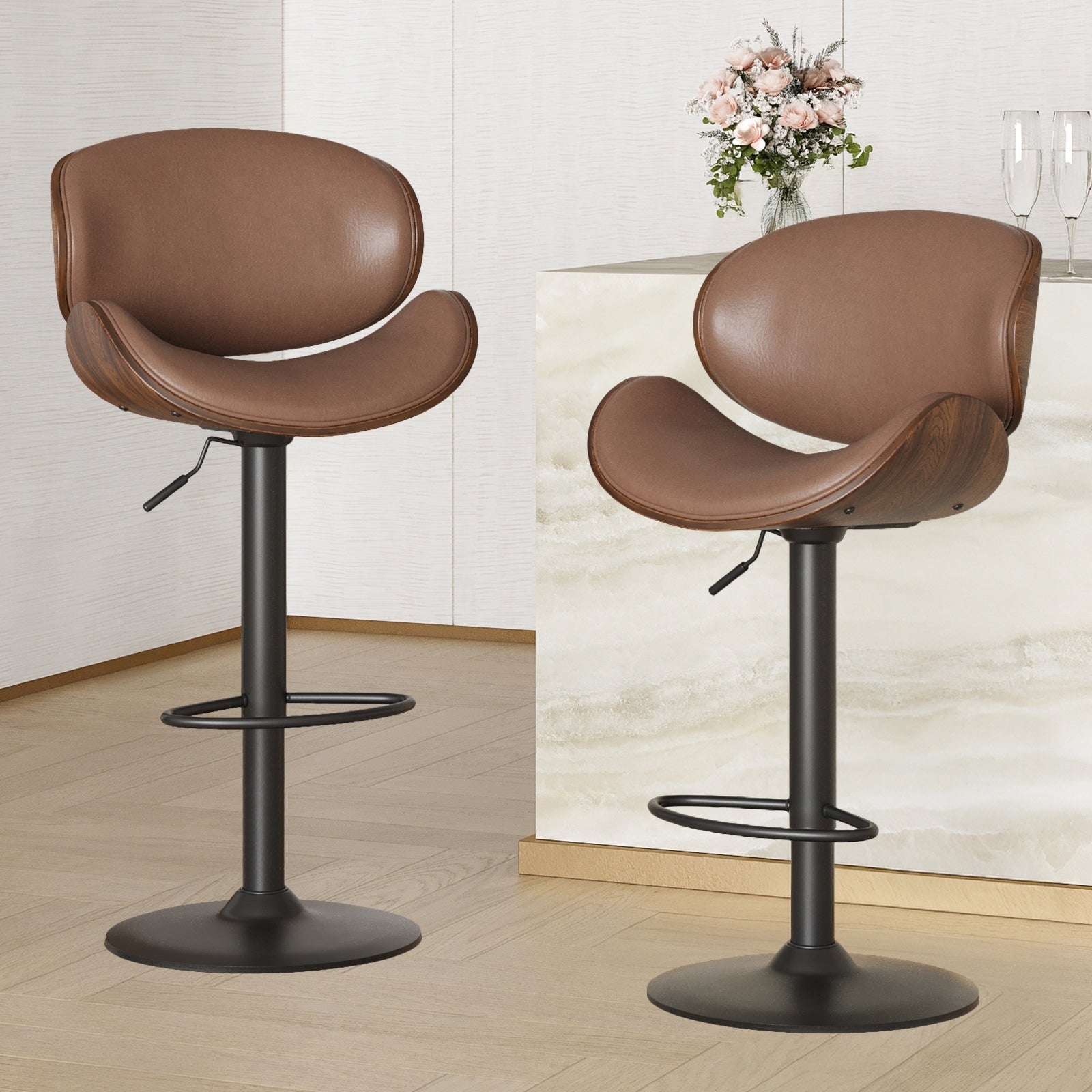 Swivel Bar Stools Set Of 2 Adjustable Height Bentwood Barstools With Pu Leather Upholstered Seat Backrest And Footrest