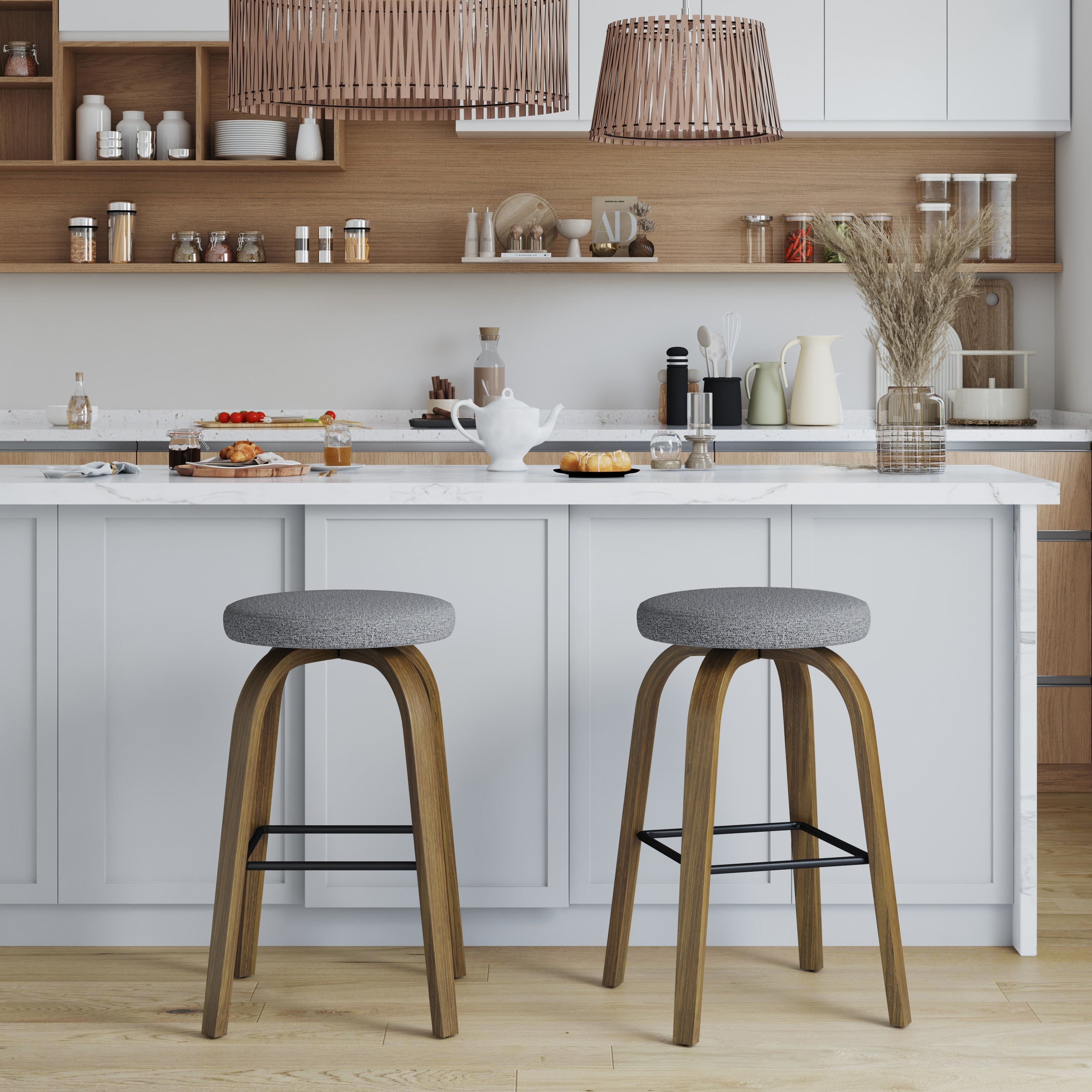 Swivel Bar Stools Set Of 2 Bar Height Backless 30 Bar Stool Fabric Upholstered Seat Sturdy Wood Legs And Metal Footrest