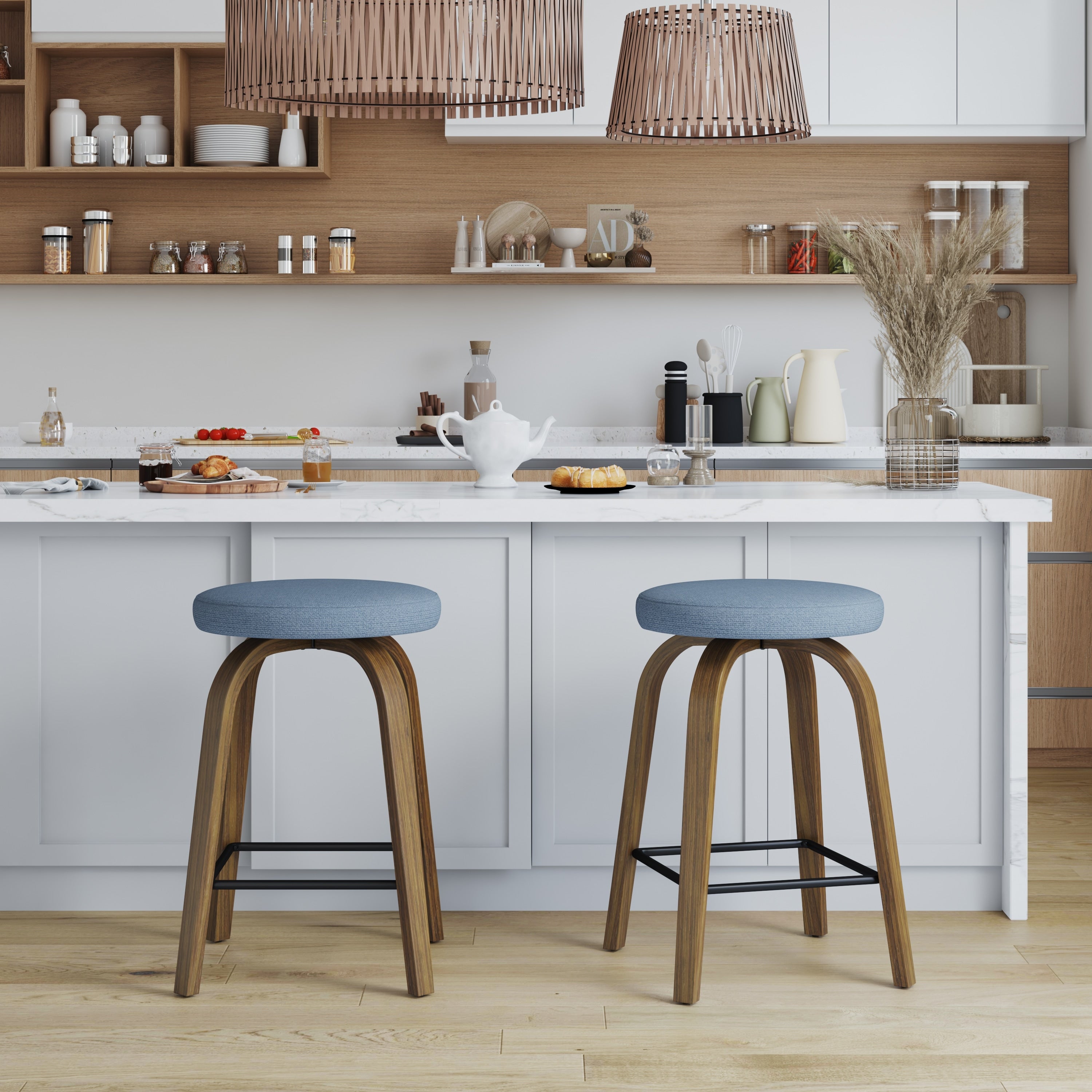 Swivel Bar Stools Set Of 2 Counter Height Backless 26 Bar Stools Fabric Upholstered Seat Sturdy Wood Legs And Metal Footrest