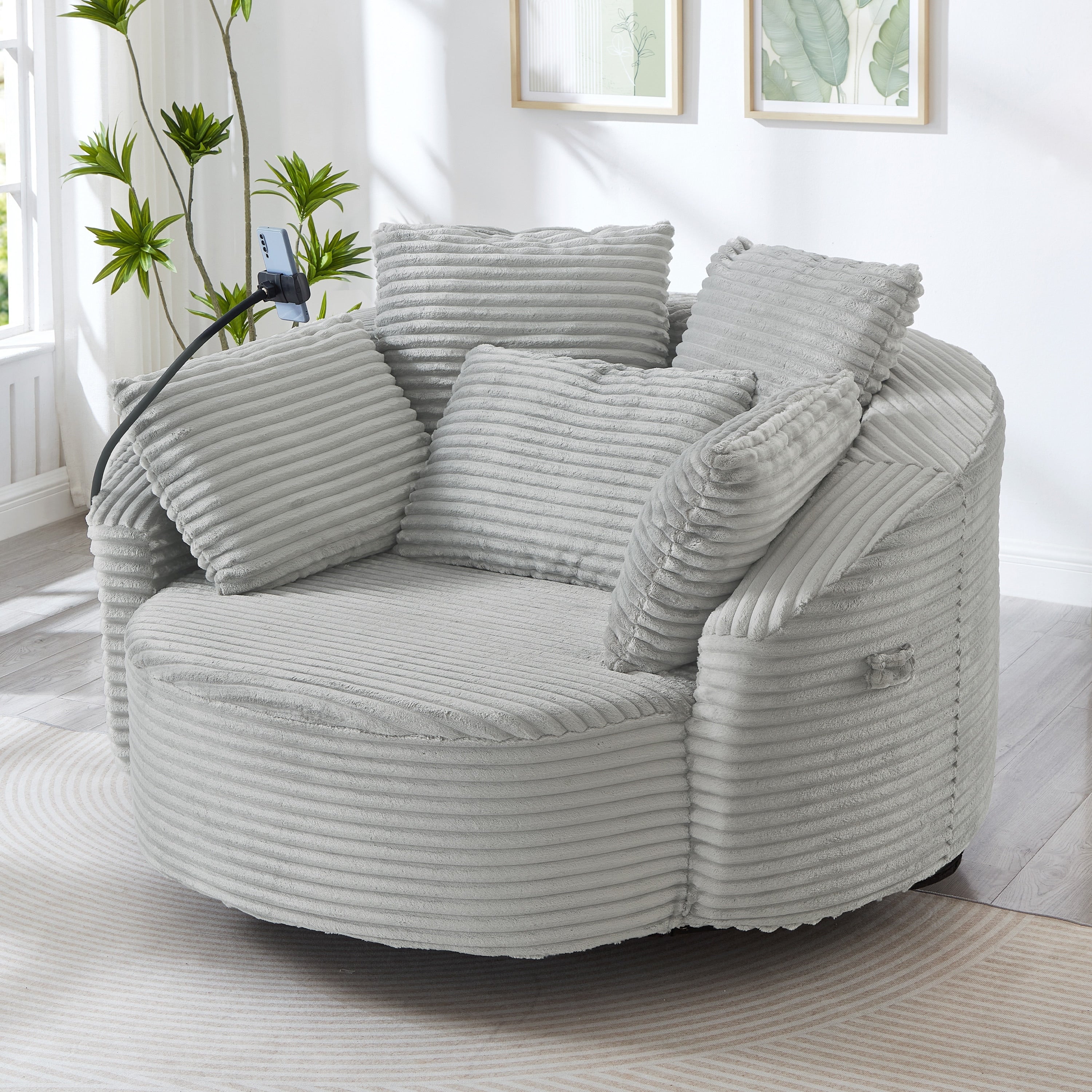 Swivel Chair Accent Chair Barrel Chair With Pillows Side Chair Light Gray Sofa Chair With Adjustable Phone Holder