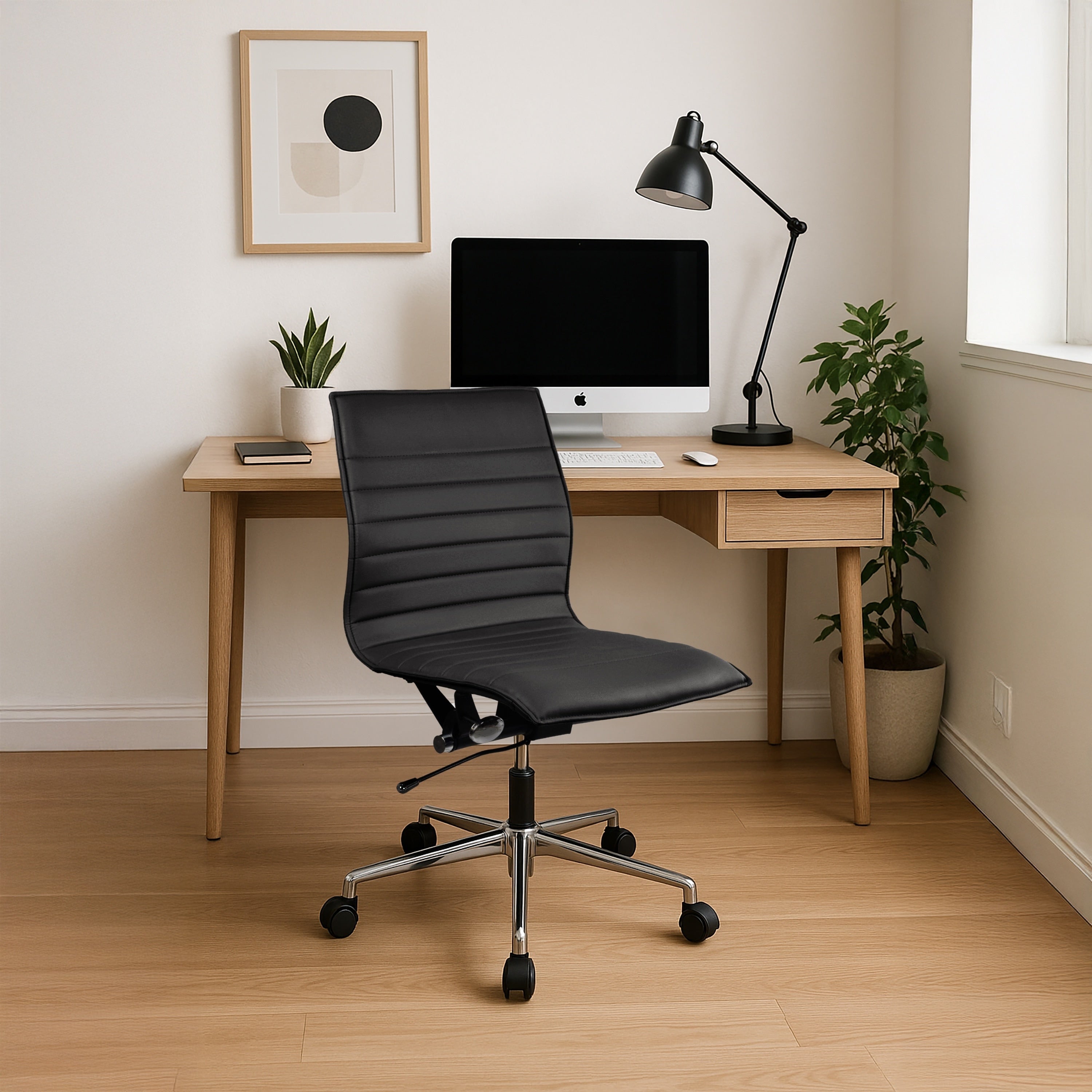 2Xhome Black Swivel Adjustable Height Pu Leather Office Chair Mid Back Armless No Arms Side Ribbed Executive Ergonomic Task Work