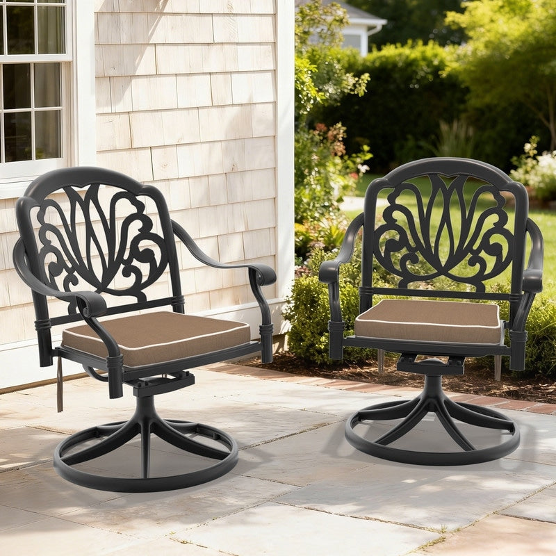 Swivel Outdoor Dining Chairs Black Cast Aluminum Frame With Brown Cushions 2 Pack