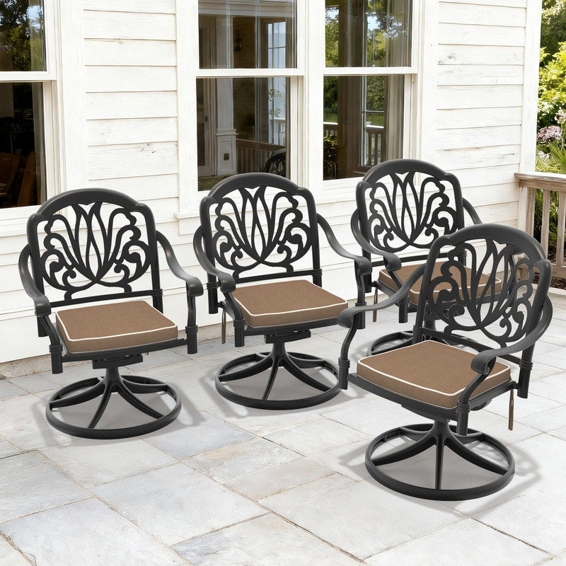 Swivel Outdoor Dining Chairs Black Cast Aluminum Frame With Brown Cushions 4 Pack