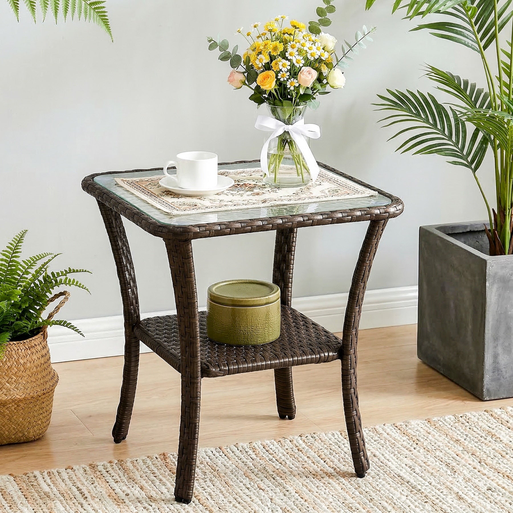 Gray Brown Pe Rattan Patio Five Piece Set With 2 Swivel Chairs 1 Loveseat 1 Coffee Table 1 Side Table