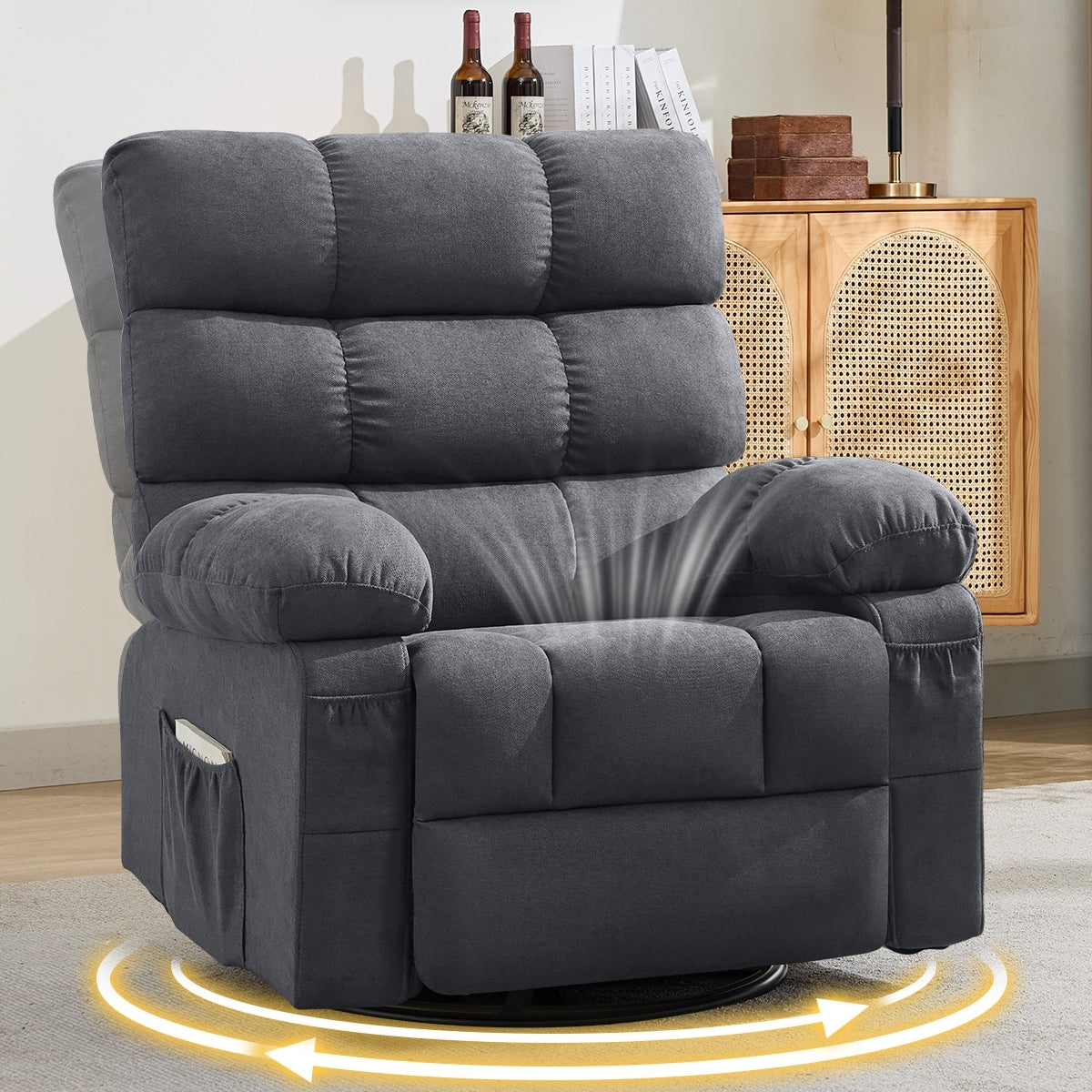 Swivel Rocker Recliner Chair For Adults 360 Upholstered Manual Recliners Single Seat Glider Reclining Chair With Side Pockets