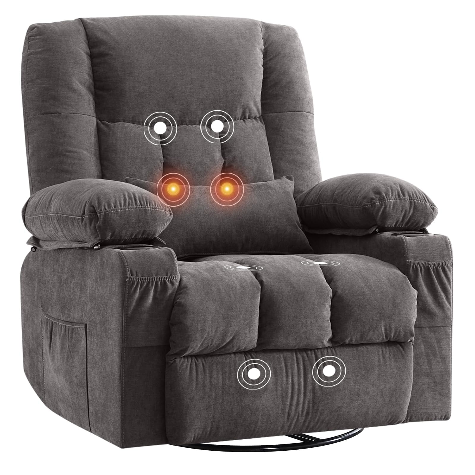 Swivel Rocker Recliner Chair With Vibration Massage Ergonomic Chair With Side Pocket 2 Cup Holders Usb Charge Port