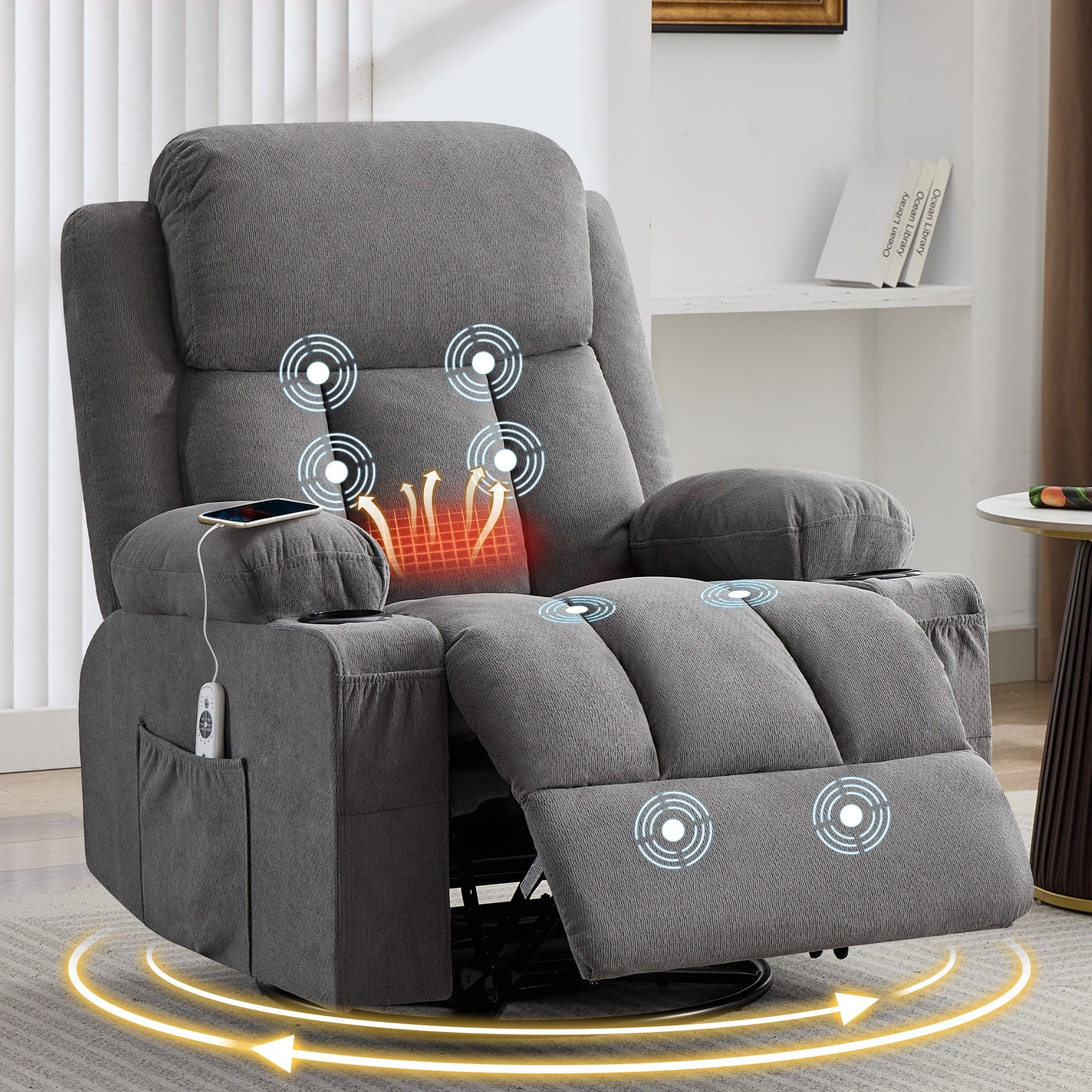 Swivel Rocker Recliner With Vibration Massage Heat Usb Port Cup Holders