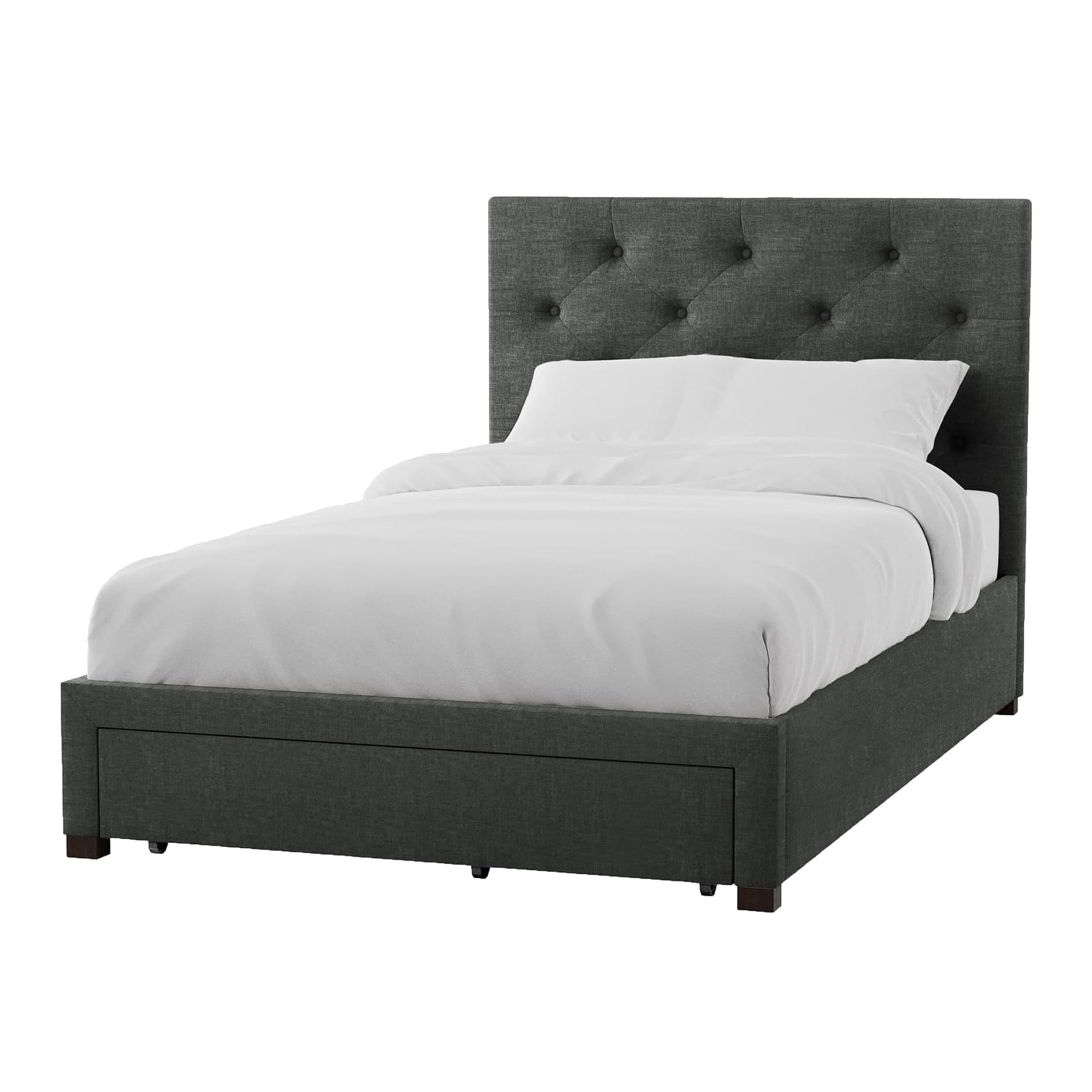 Sya Full Size Bed W Tufted Headboard Underbed Storage Dark Gray