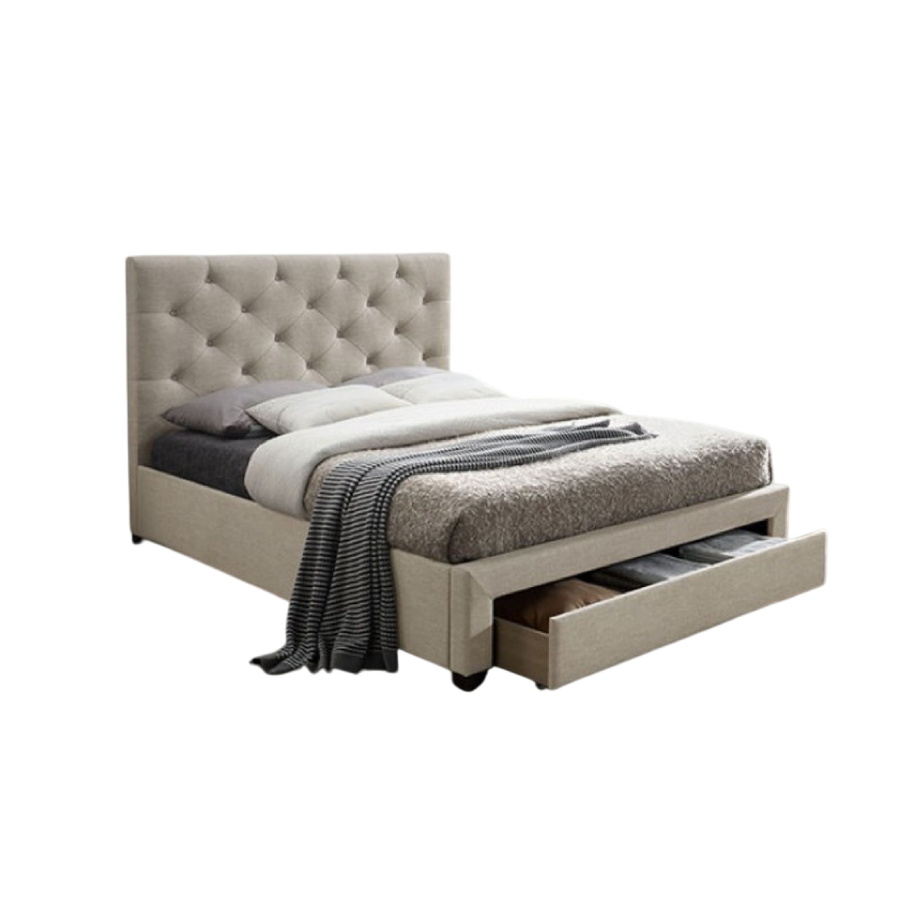 Sya Twin Size Bed W Button Tufted Upholstery Underbed Storage Beige