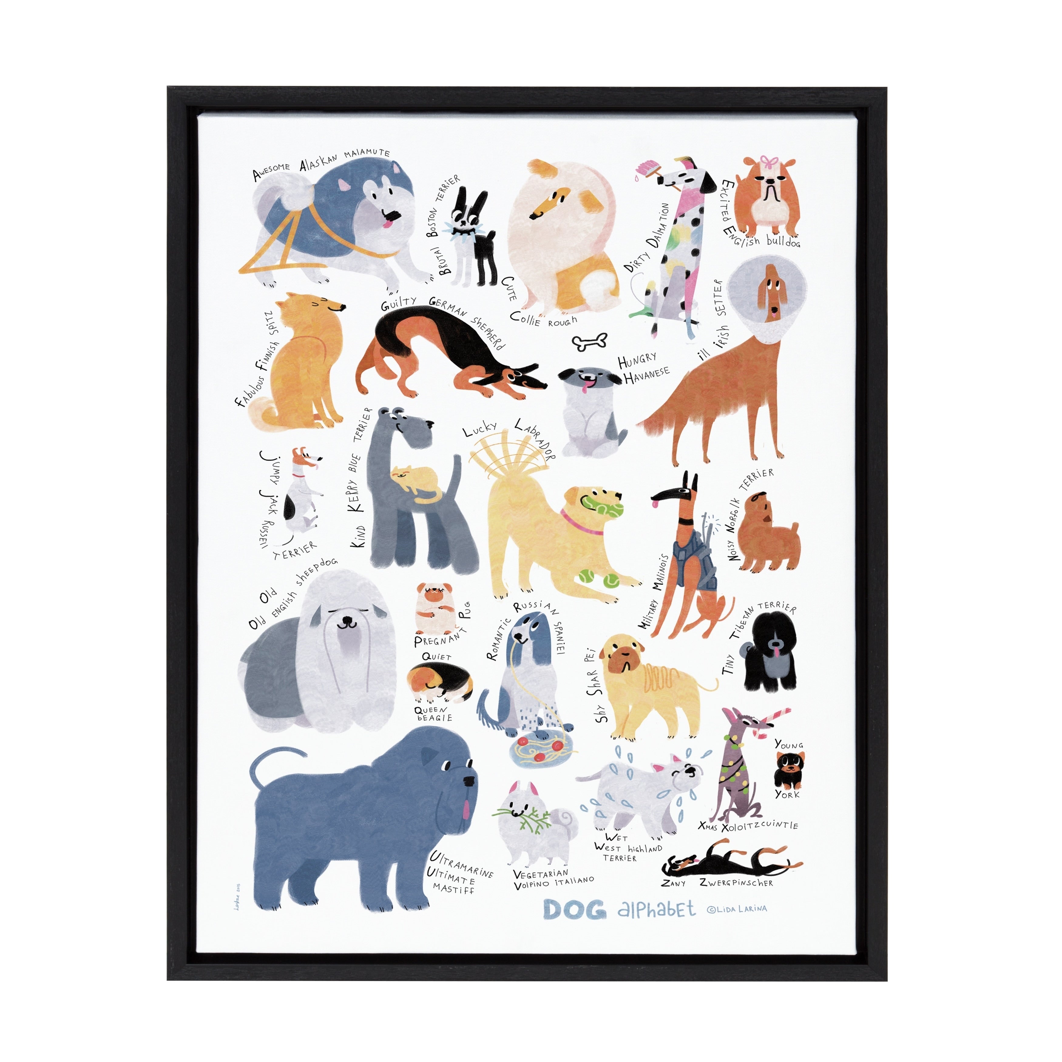 Sylvie Dog Alphabet Framed Canvas Wall Decor Black 18 X 24