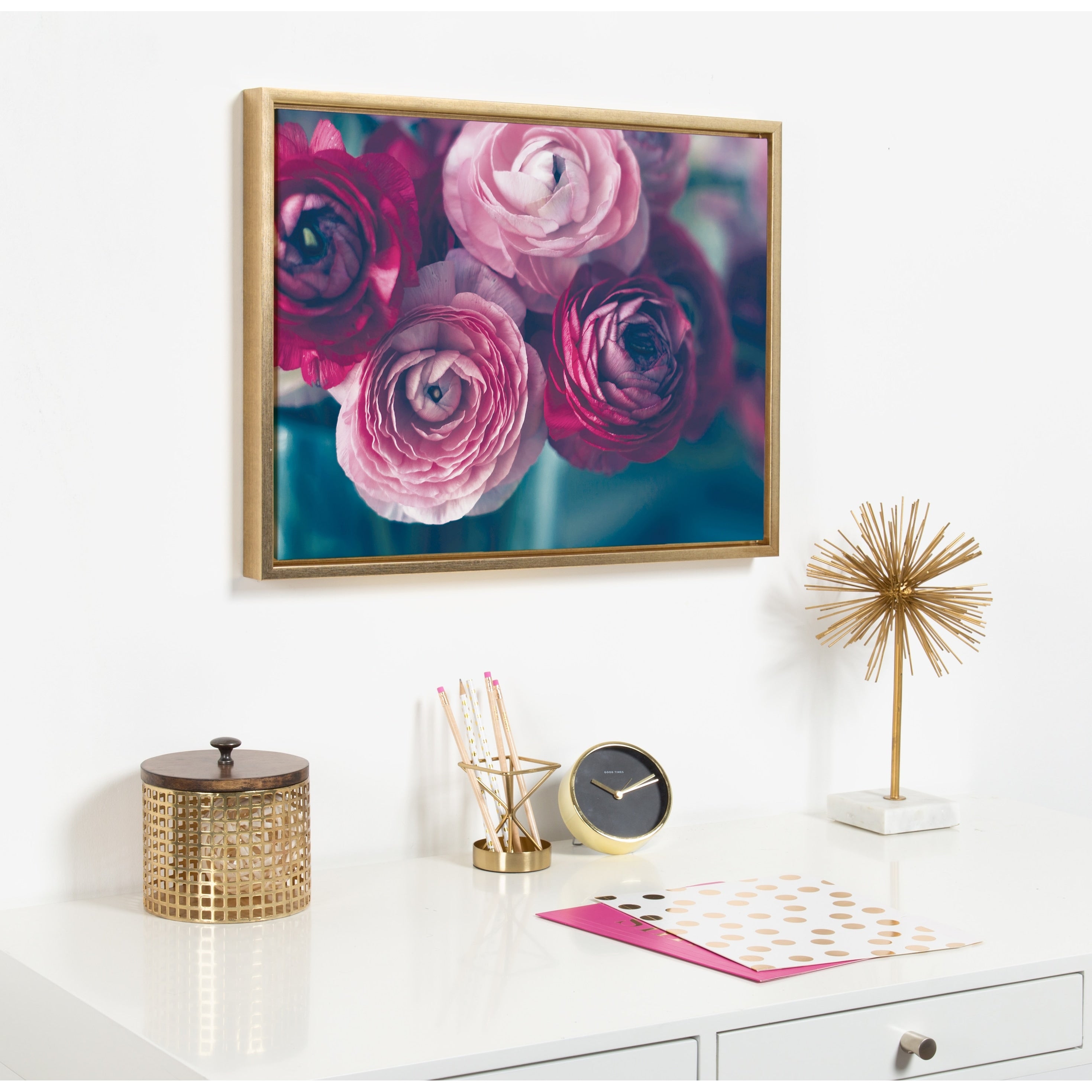 Sylvie Pink Flower Bouquet Framed Canvas Wall Art Gold 18 X 24