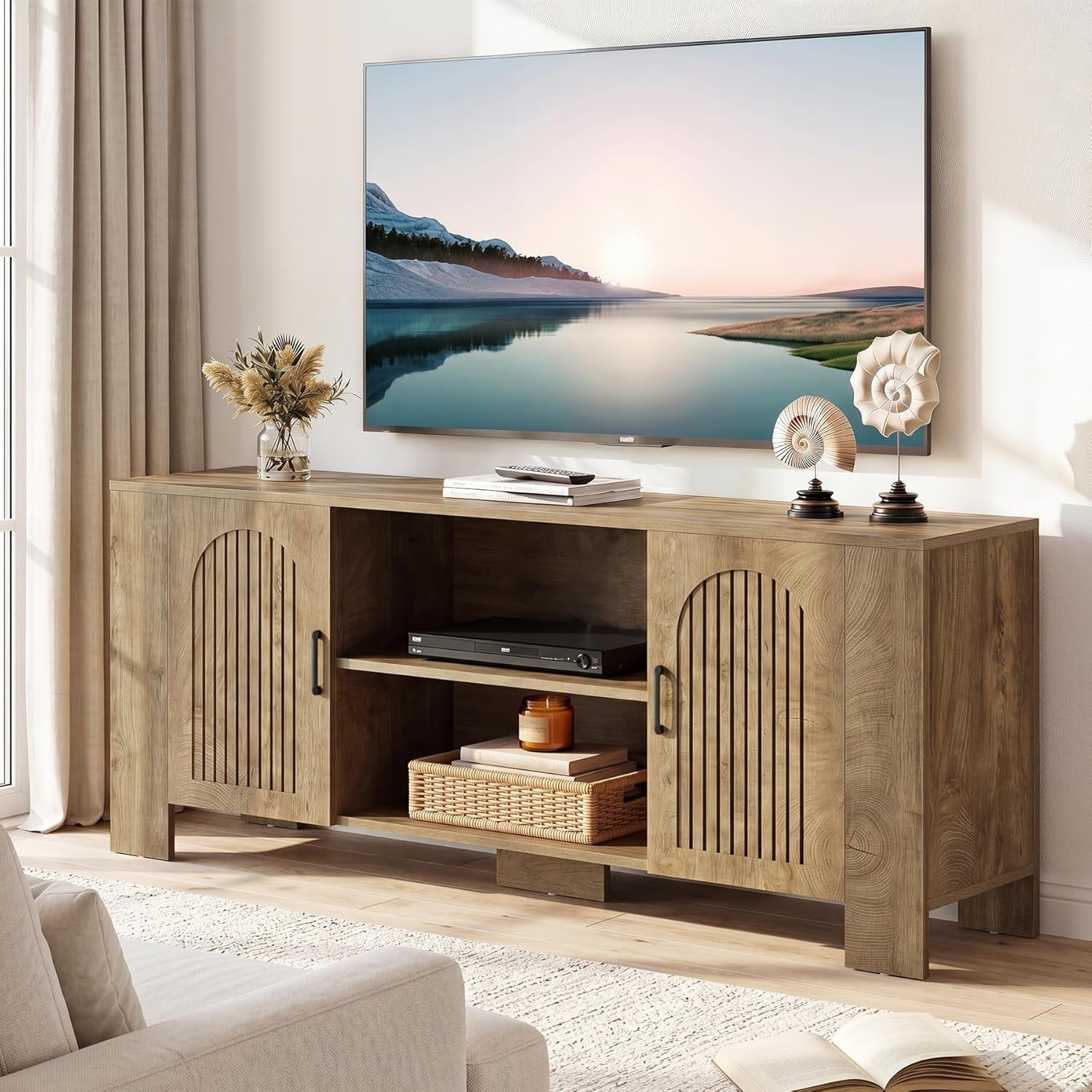 Tv Console For 65 70 75 Inch Tvs 70.8 Long Mid Century Modern Entertainment Center With Storage Shelves
