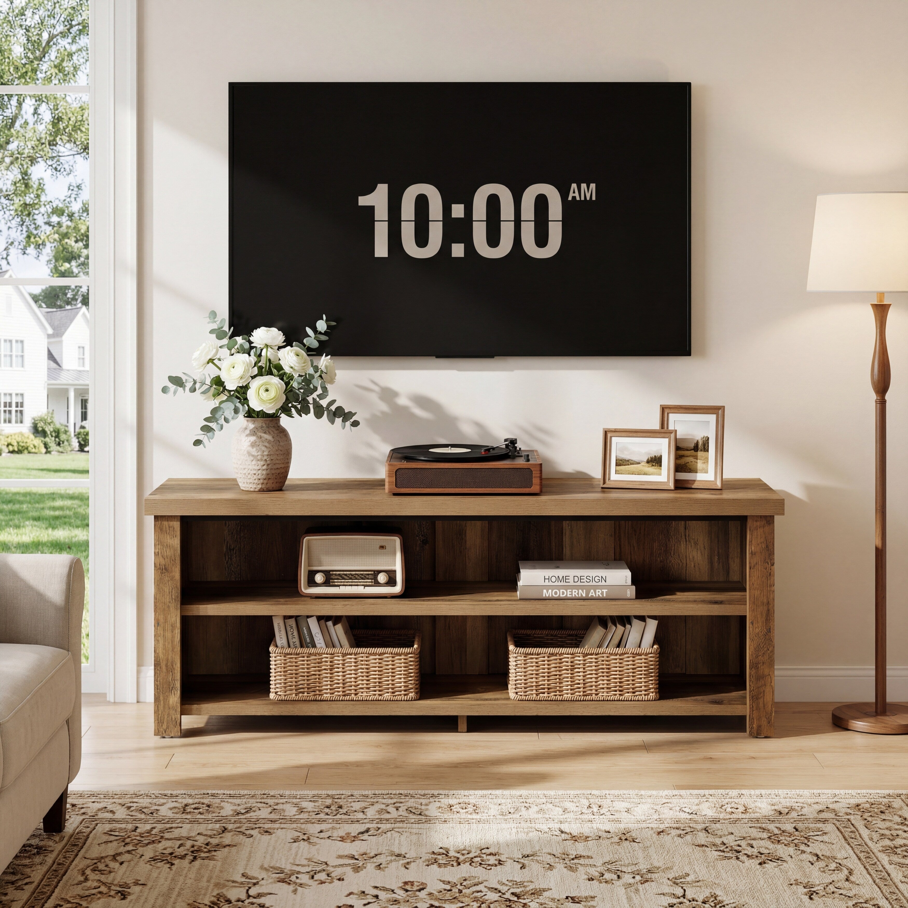 Tv Stand For 55 60 65 Inch Tvs Farmhouse Entertainment Center With Storage Shelves Brown 13.78 D X 55.12 W X 17.72 H
