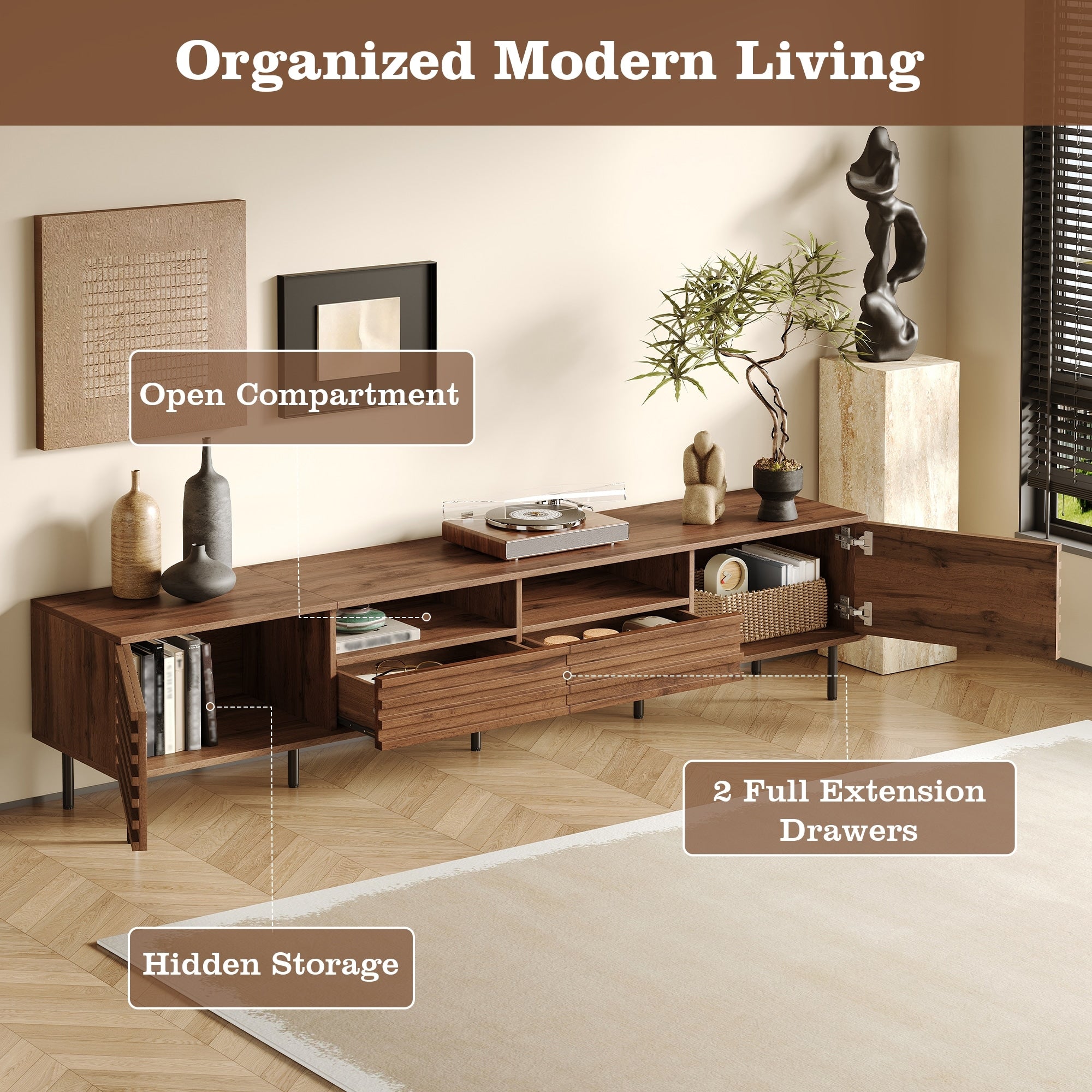 Tv Stand For Living Room Mid Century Modern Entertainment Center For 65 75 85 Tvs Slatted Door Design Media Console Table
