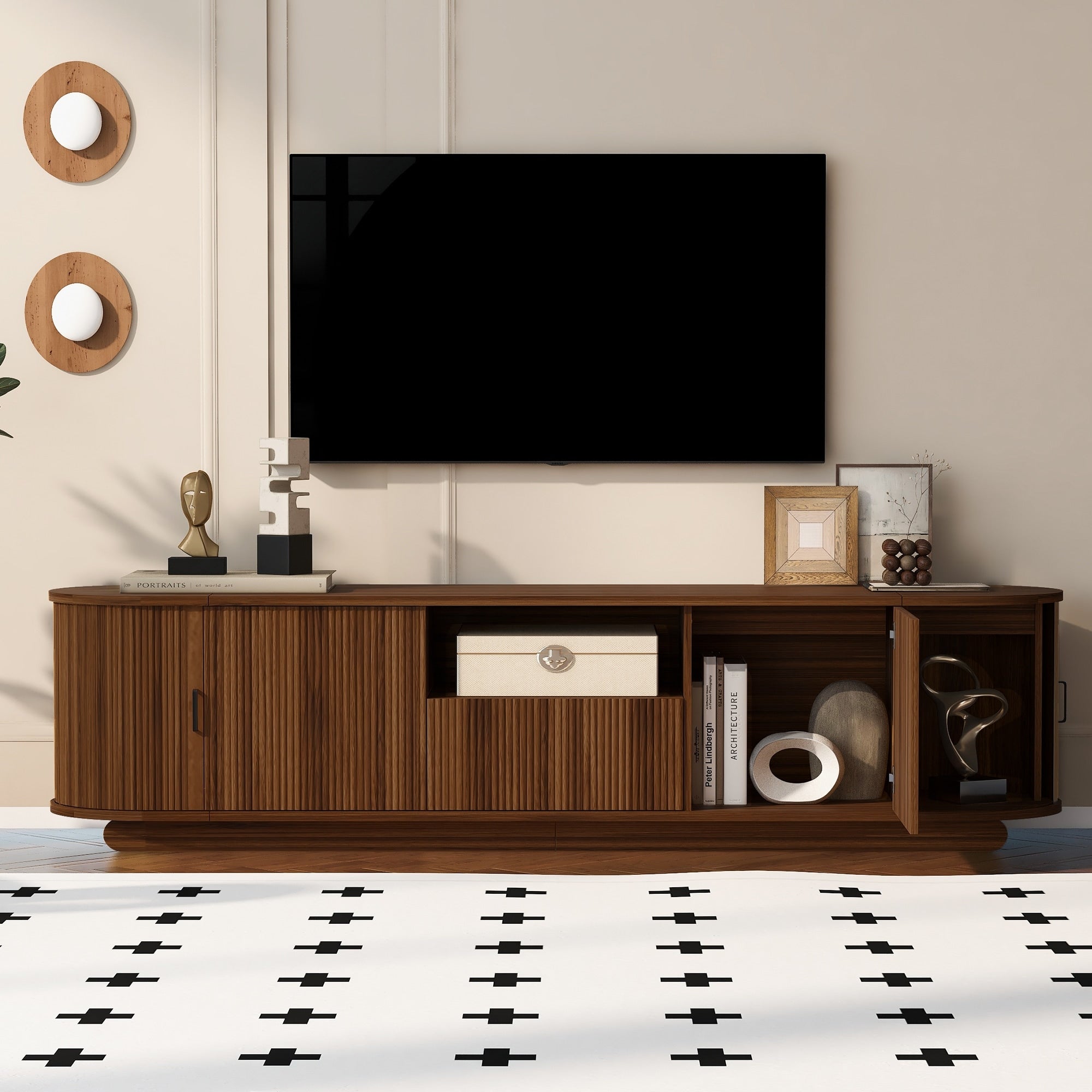 Tv Stand With Open Shelf Drawer And Hidden Sliding Storage For 70 75 Tvs