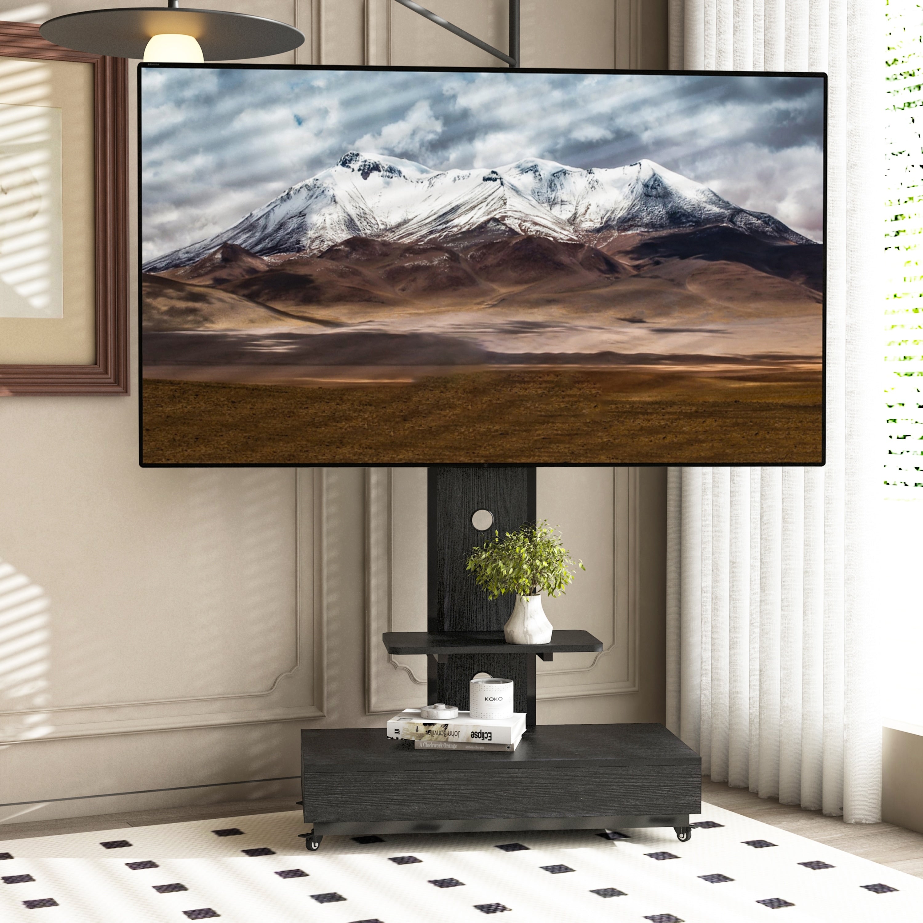 Tv Stand With Push Pull Drawer For Living Room Bedroom Tv Cart For 32 75 Inches Floor Stand With Mount On Lockable Wheels