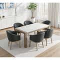 Tabitha 7 Pc Dining Set With 66 Rectangular White Faux Marble Top Table In Light Oak Finish 6 Gray Upholstered Barrel Chairs
