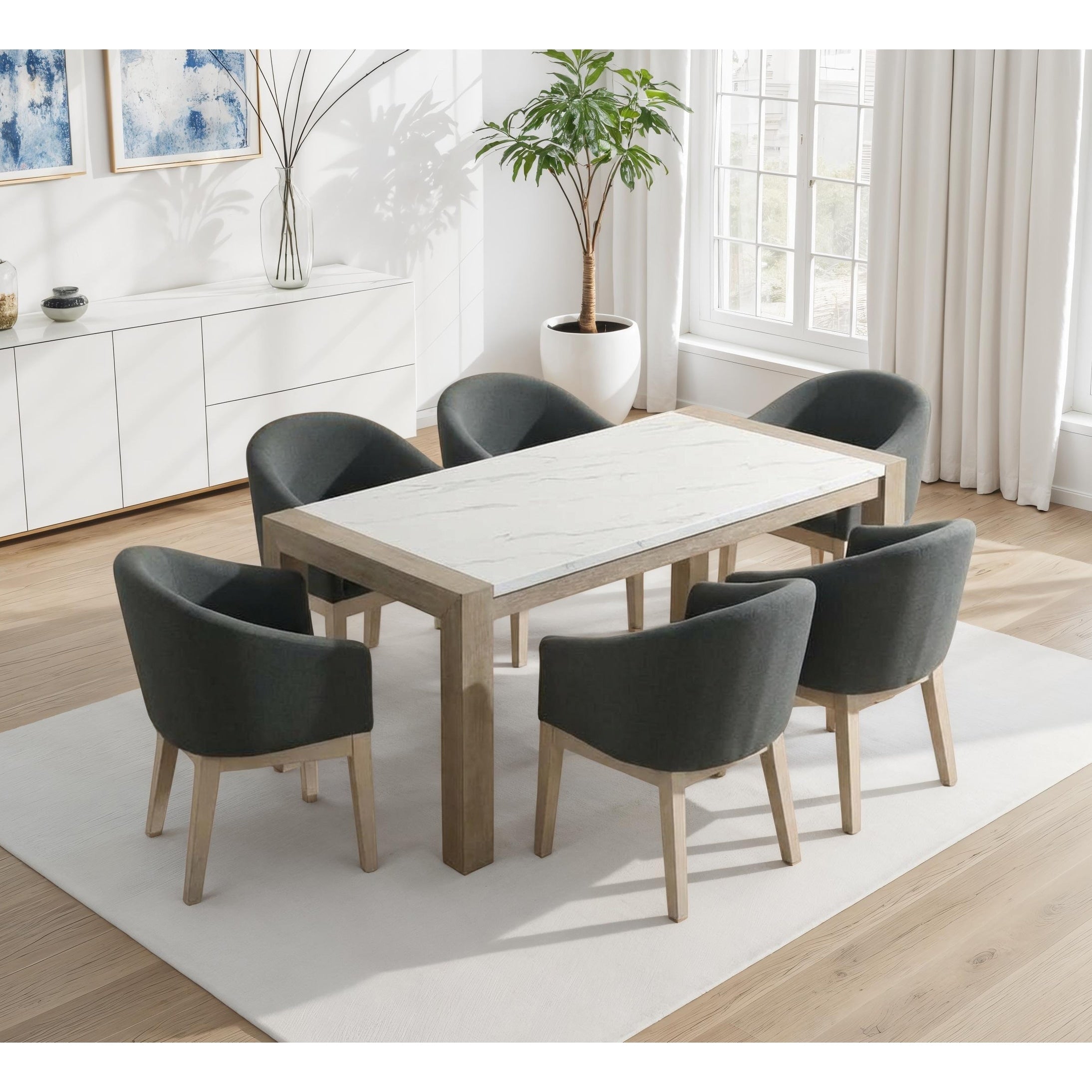 Tabitha 7 Pc Dining Set With 66 Rectangular White Faux Marble Top Table In Light Oak Finish 6 Gray Upholstered Barrel Chairs