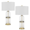 Table Lamp Set Of 2 Glass Dome Body Off White Shade Antique Brass
