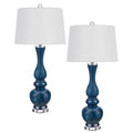 Table Lamp Set Of 2 Off White Shade Blue Candlestick Glass Body 32 Inch