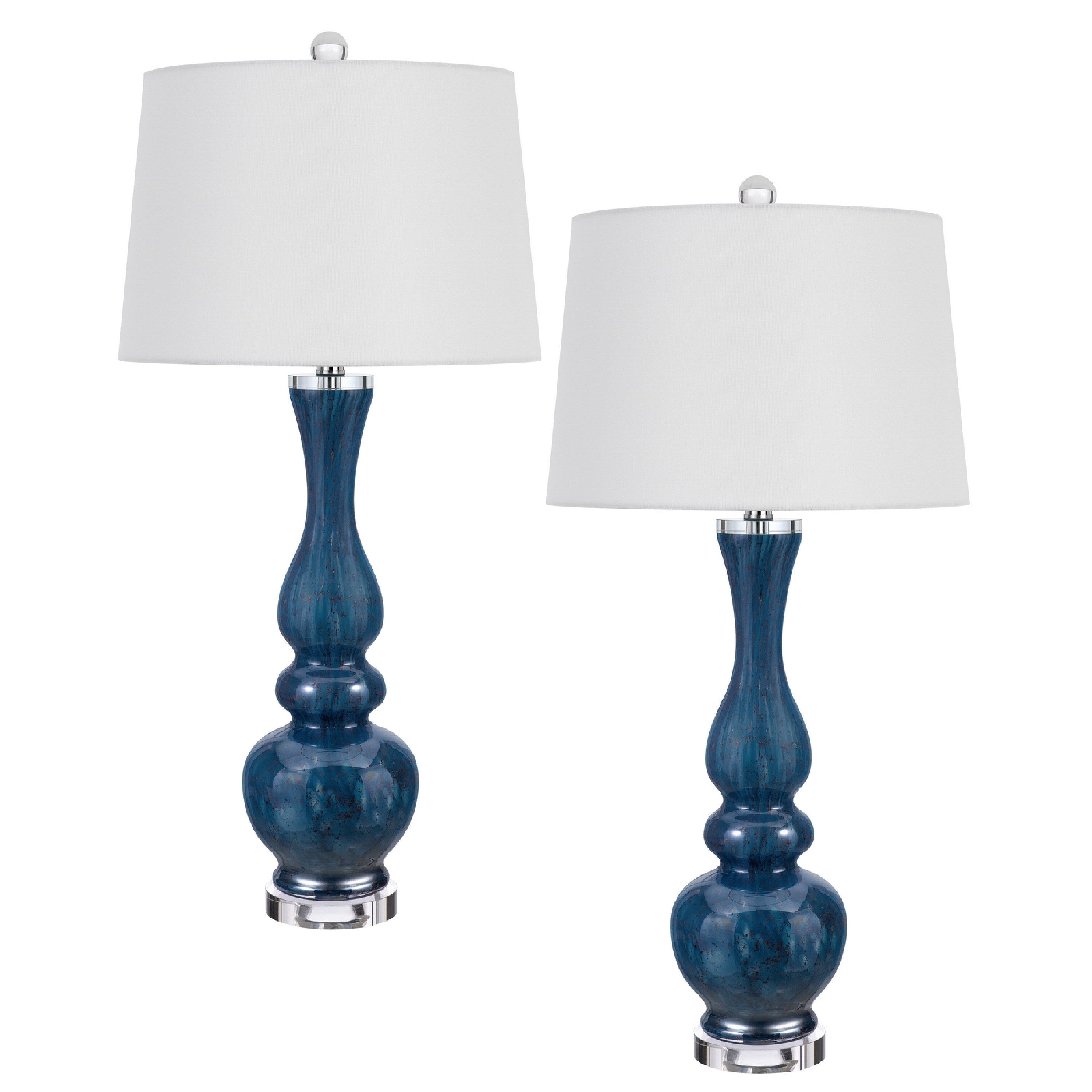 Table Lamp Set Of 2 Off White Shade Blue Candlestick Glass Body 32 Inch