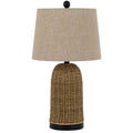 Table Lamp Brown Drum Shade And Corn Leaf Wicker Woven Base 24 Inch