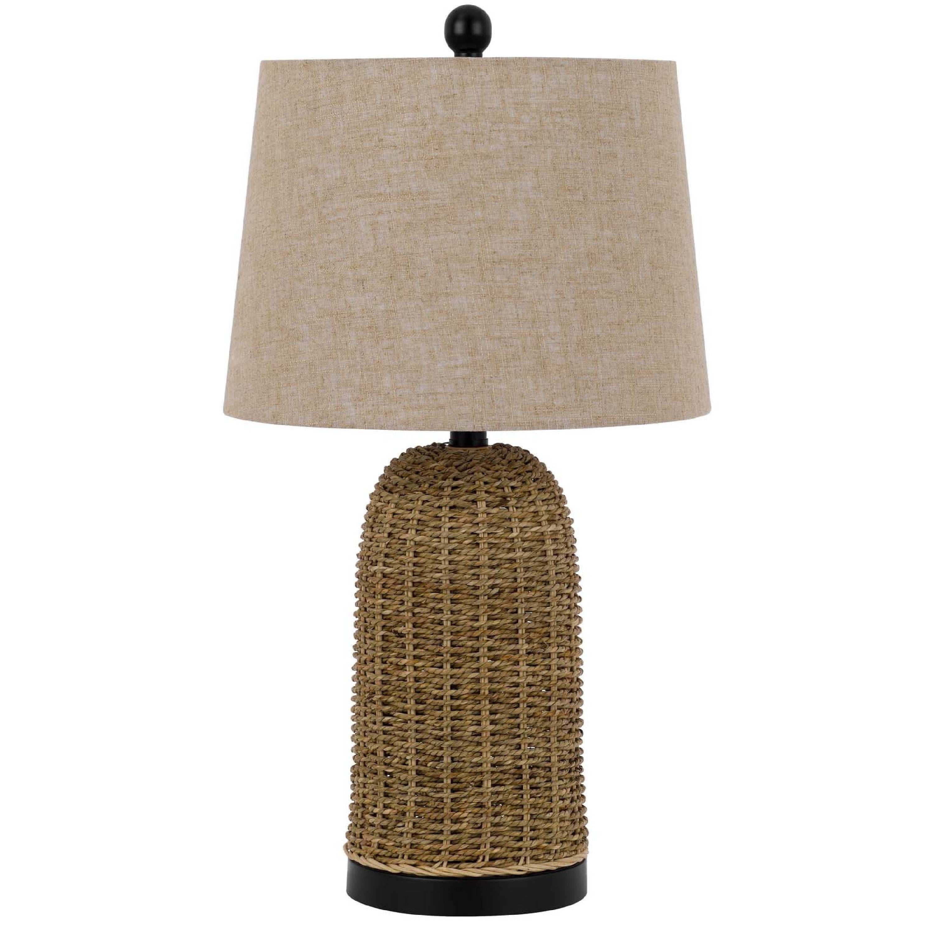 Table Lamp Brown Drum Shade And Corn Leaf Wicker Woven Base 24 Inch