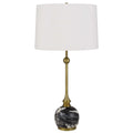 Table Lamp White Drum Shade Slim Brass Neck Swirled Black Marble 29 Inch