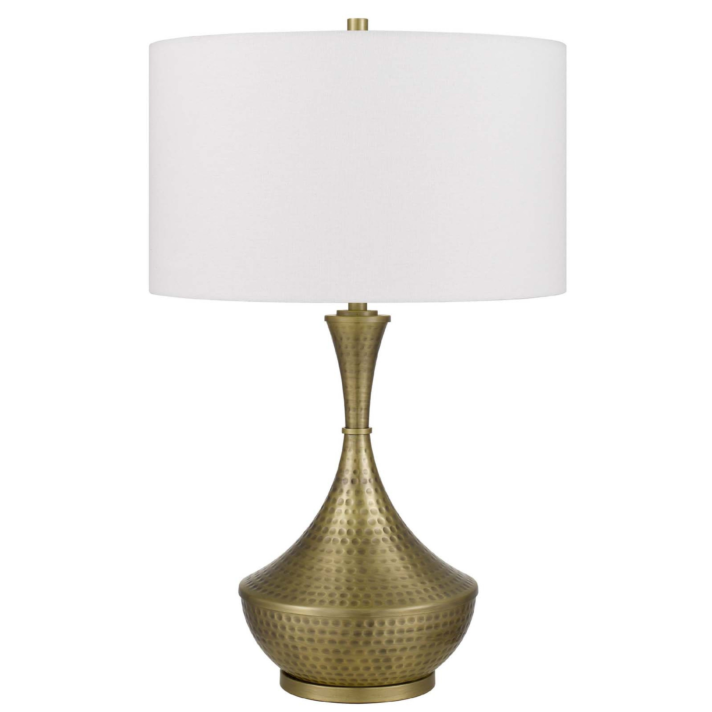 Table Lamp White Linen Shade Hammered Antique Brass Retro Hourglass Shape